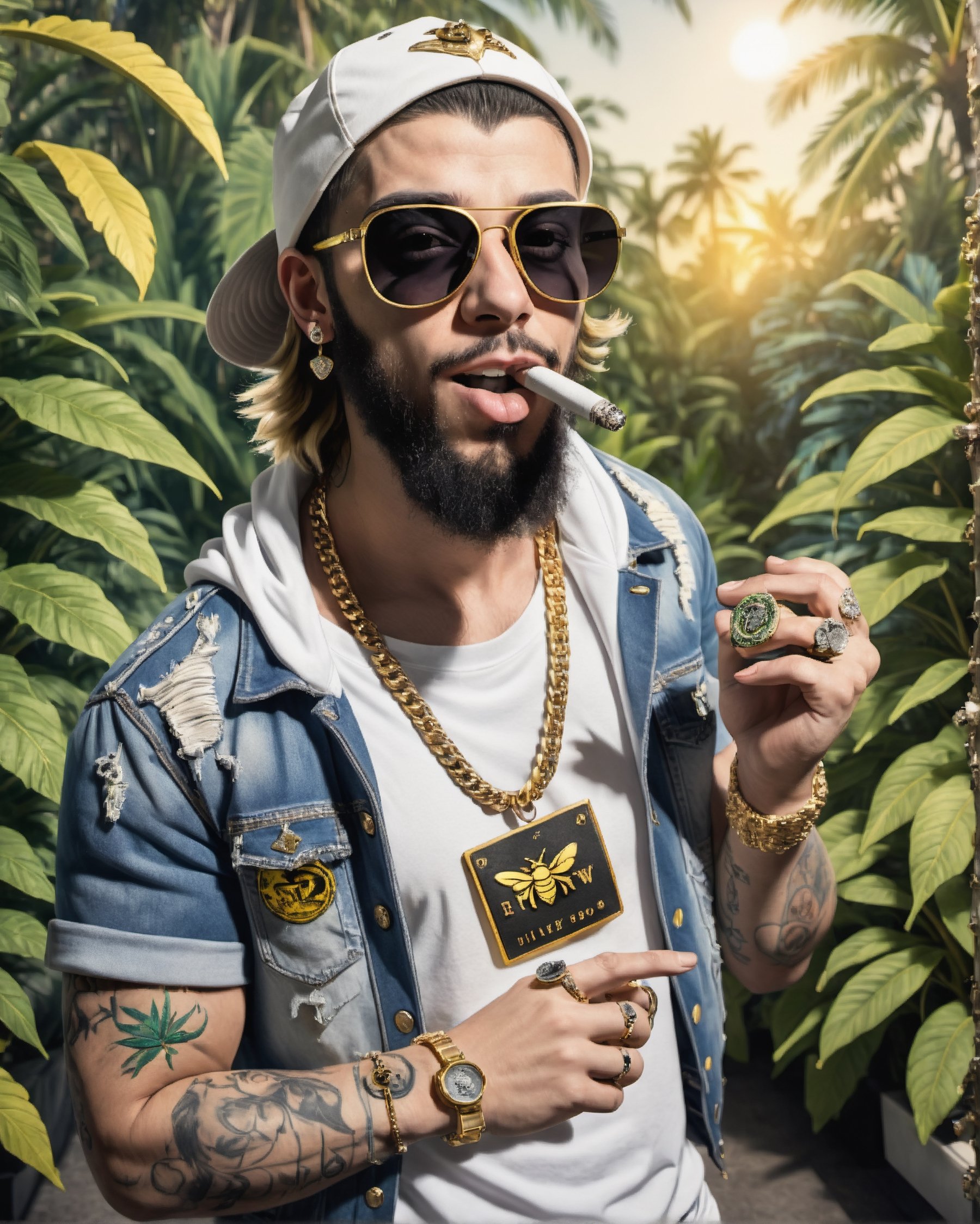 Detailed portrait of a beardless young man, cover photo smoking marijuana and wearing sunglasses. white gold ring a bumblebee, wearing a white t-shirt and a denim jacket with a cap on the back, a chain with diamonds, smoking marijuana. full piece tattoos, a gold tooth

In the background are two security guards dressed in black counting money.

marijuana garden background. tag on clothing