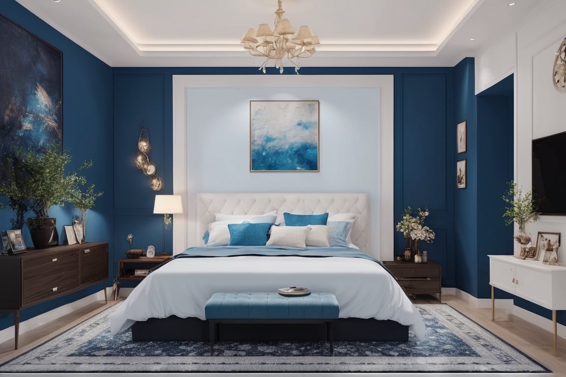 Masterpiece, raw photo, 1 bedroom, elegant and luxury, modern style. Balack, white and blue colors ,Retouch all bugs,Unique Masterpiece