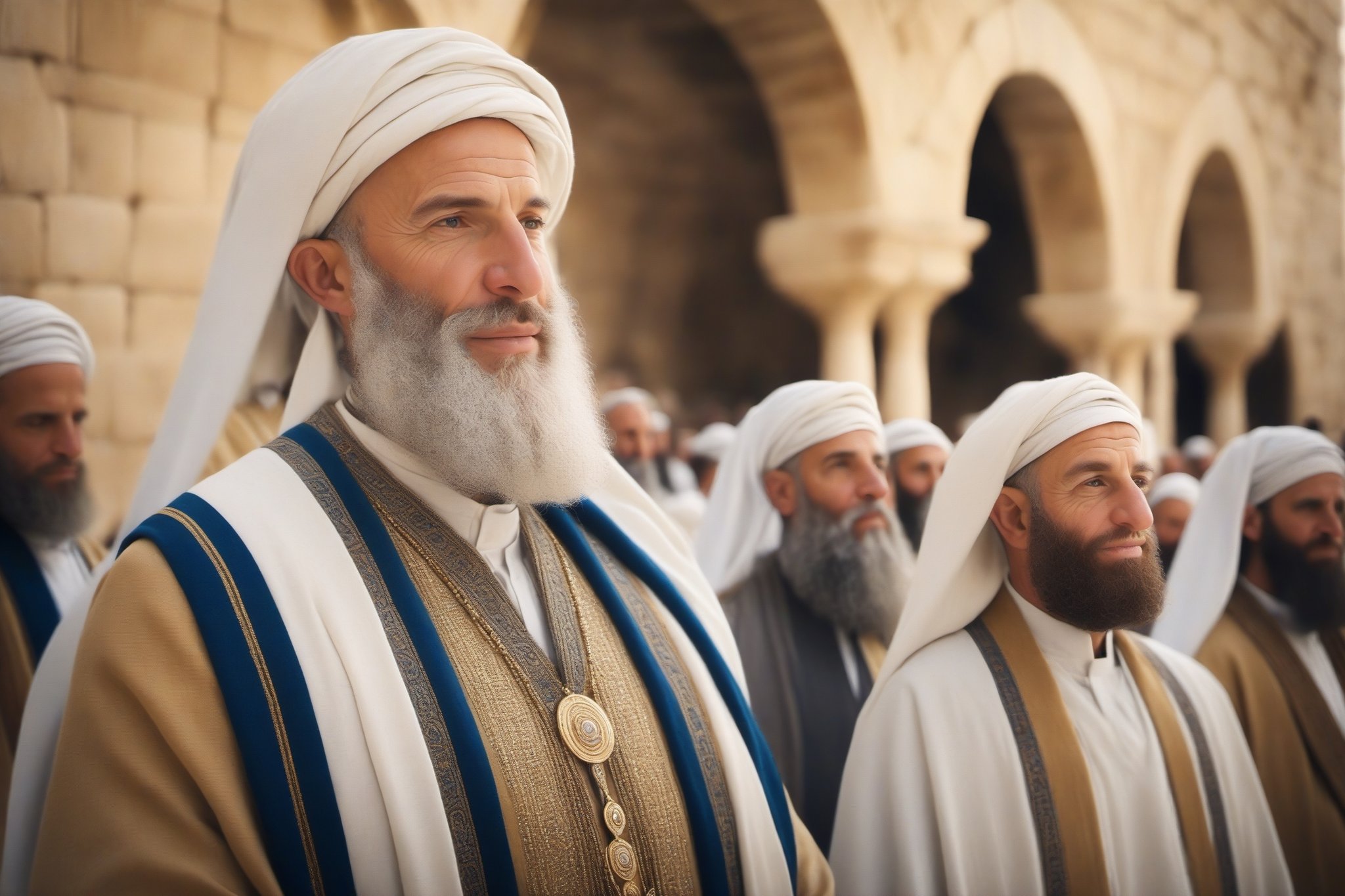 Jerusalem City DC 50 years, Jewish clothing of the time, outside in the temple of Jerusalem preaching, perfect faces, perfect eyes, masterpiece, better quality, impressive and extremely detailed unified CG