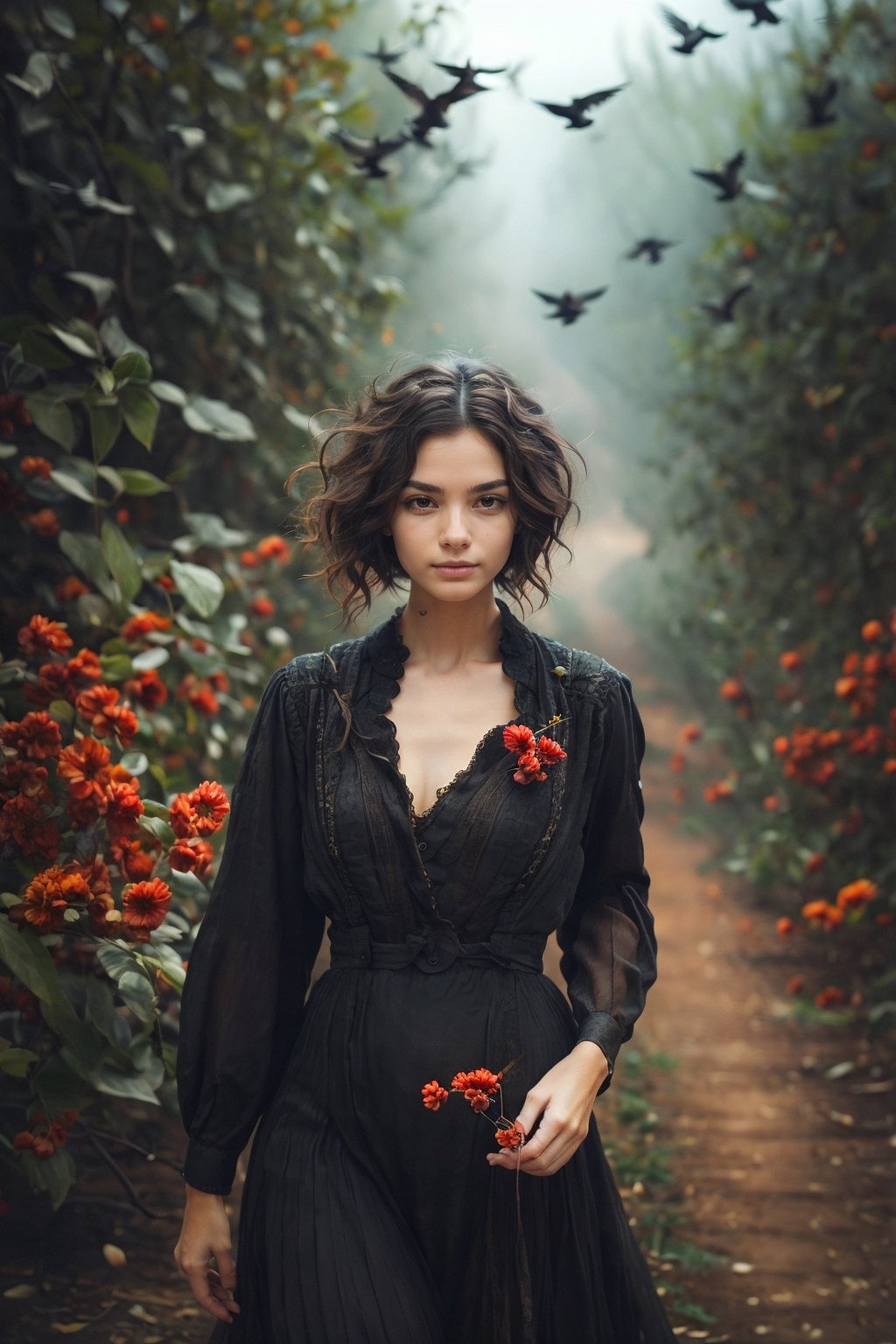 1girl, solo, looking at viewer, short hair, black hair, dress, black dress, lips, bird, realistic, Close-up portrait, Soft focus