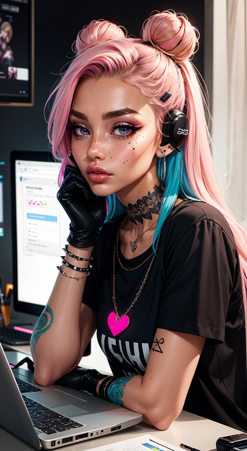 1girl, solo, long hair, looking at viewer, blonde hair, shirt, hair ornament, gloves, jewelry, blue hair, pink hair, heart, multicolored hair, earrings, hairclip, fingerless gloves, pink eyes, necklace, hair bun, bracelet, two-tone hair, english text, lips, black shirt, double bun, tattoo, makeup, headphones, piercing, t-shirt, ear piercing, clothes writing, spikes, eyeshadow, freckles, head rest, nose, arm tattoo, computer, monitor, laptop, keyboard \(computer\), mascara, gothic, mouse \(computer\), lip piercing, eyebrow piercing