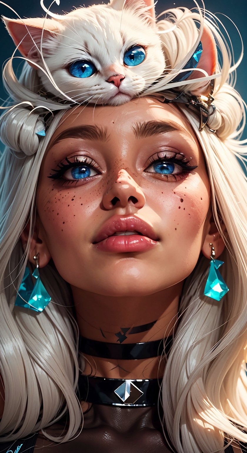 1girl, solo, long hair, smile, blue eyes, jewelry, closed mouth, white hair, earrings, choker, lips, animal, black choker, cat, looking up, portrait, freckles, on head, animal on head, cat on head