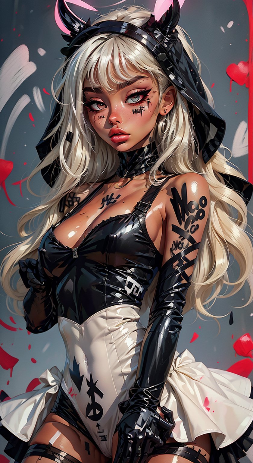 1girl, solo, breasts, short hair, bangs, black hair, gloves, long sleeves, dress, jewelry, upper body, white gloves, hood, wide sleeves, white dress, glowing, halo, ring, own hands together, veil, art style, illustration, drawing, ((brush strokes)), tattoo, piercing, paint, graffiti drawing