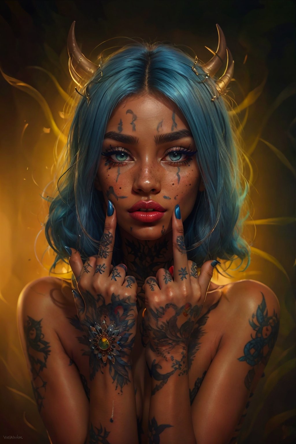 1girl, solo, looking at viewer, jewelry, green eyes, blue hair, upper body, parted lips, horns, dark skin, medium hair, nail polish, dark-skinned female, lips, tattoo, makeup, lipstick, eyeshadow, blue nails, freckles, realistic, nose, red lips, arm tattoo, mascara