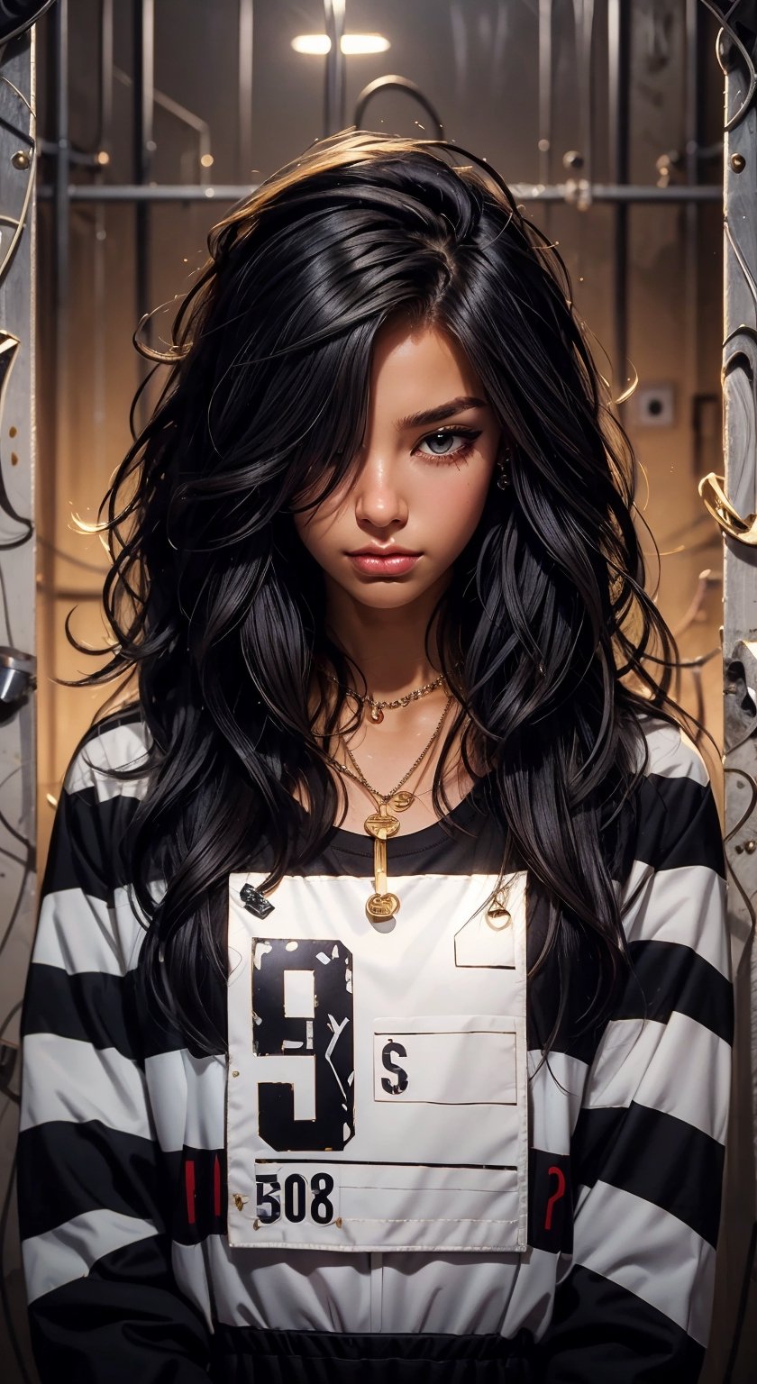 1girl, solo, long hair, looking at viewer, shirt, black hair, long sleeves, jewelry, closed mouth, upper body, striped, necklace, hair over one eye, lips, wavy hair, messy hair, striped shirt, chain necklace, prison clothes