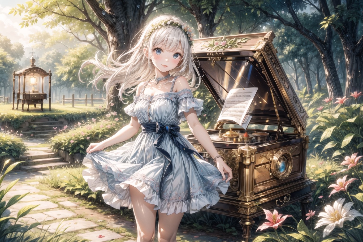 (masterpiece, best quality, highres:1.3), ultra resolution image, (1girl), (solo), kawaii, white hair, fluffy clouds, sweet, stuffed animal, tree house, lantern softly glowing, fantasy, dreamy, joyful energy, gentle, dreamy, cozy, charm of childhood, (nature music box:1.5), tiny flower crown, delight, innocent, liveliness, nature accessories, garden, gentle breeze, 16k