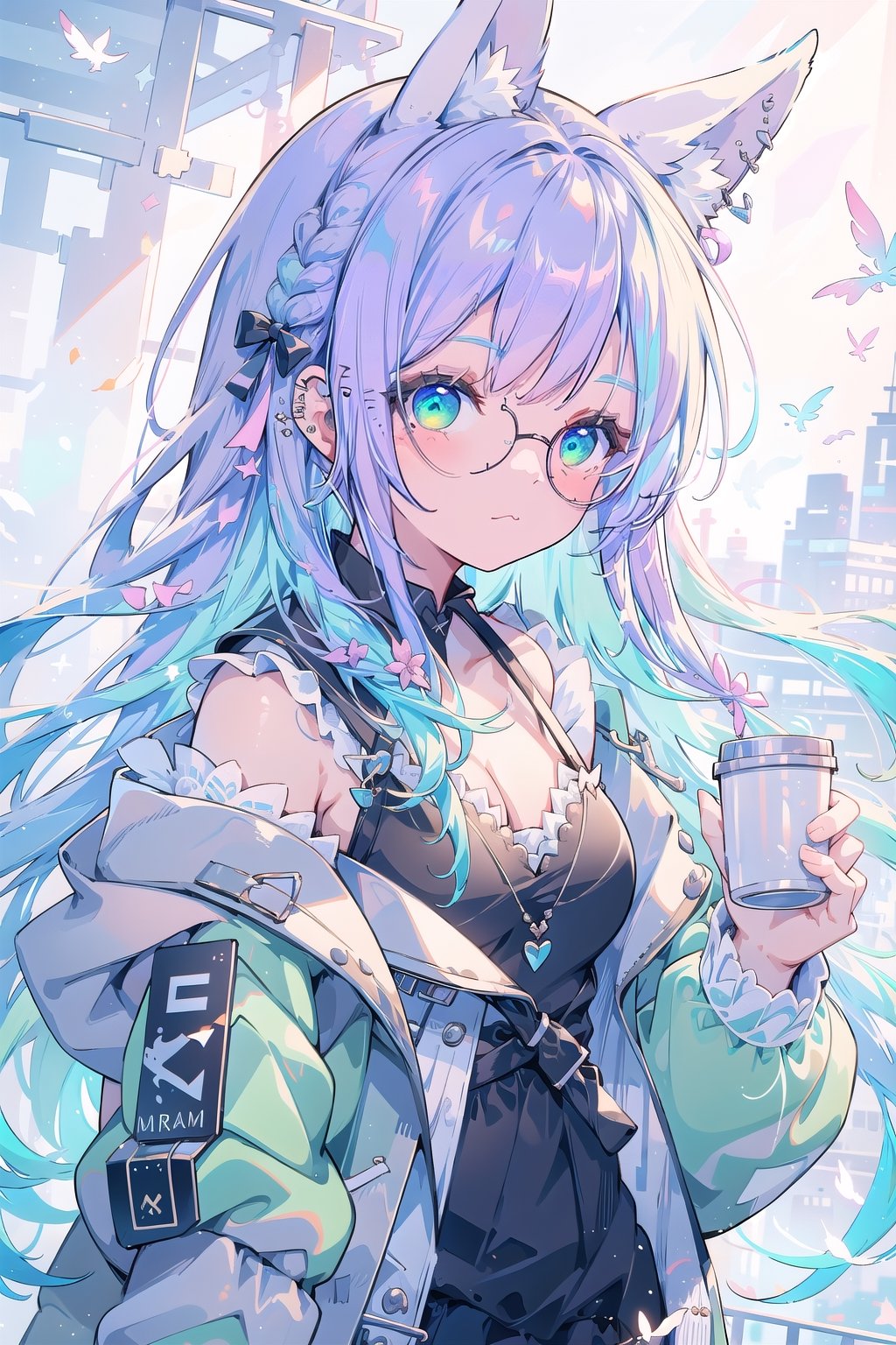 1girl, solo, breasts, looking at viewer, bangs, blonde hair, simple background, long sleeves, holding, animal ears, cleavage, jewelry, green eyes, jacket, upper body, purple hair, braid, multicolored hair, earrings, parted lips, open clothes, glasses, virtual youtuber, hood, off shoulder, twitter username, rabbit ears, open jacket, cup, sleeves past wrists, gradient hair, piercing, ear piercing, holding cup, extra ears, camisole, mug, colored inner hair, hair behind ear, black camisole, aqua jacket