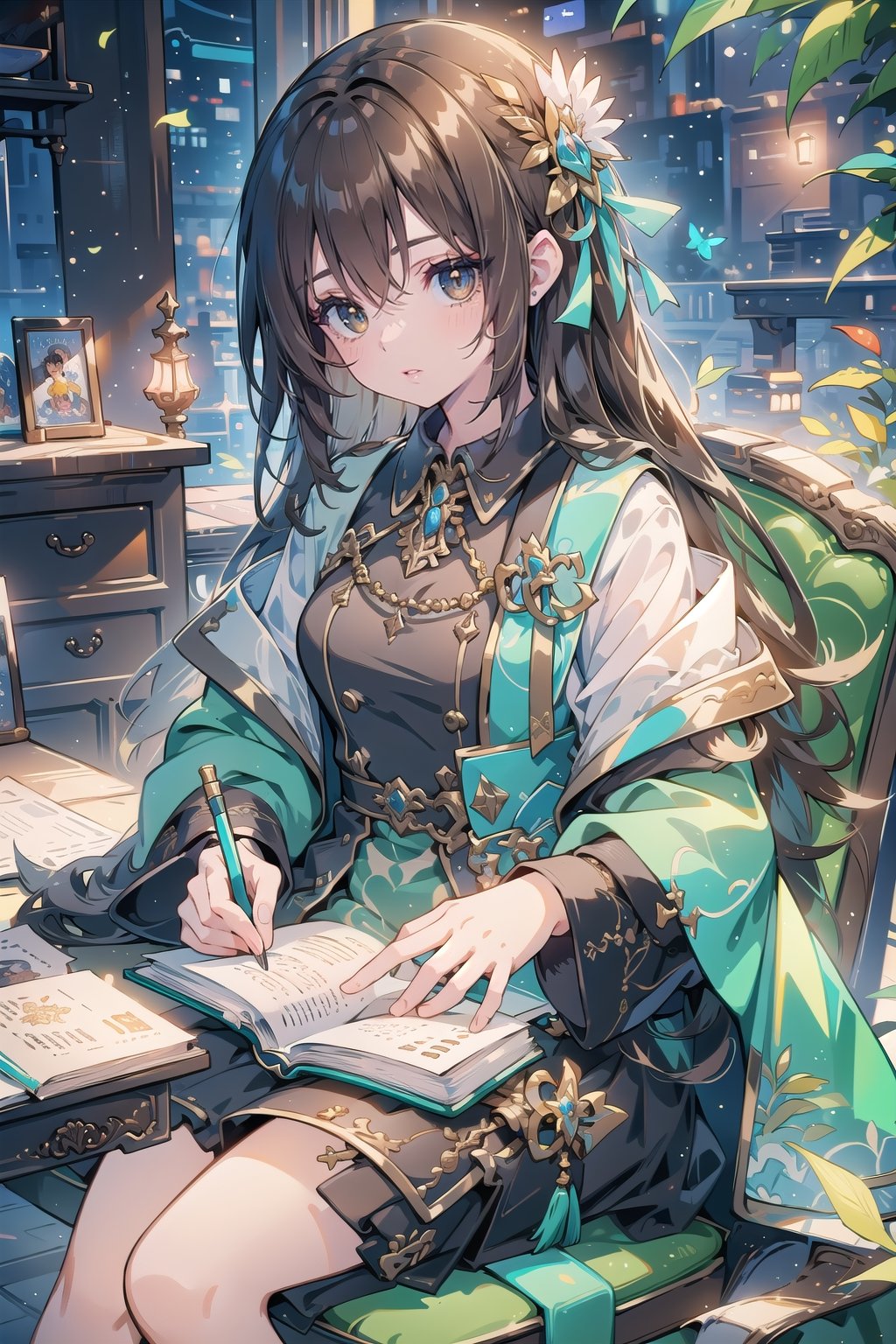 Vibrant Colors, Female, 16, Masterpiece, Sharp Focus, Best Quality, Depth of Field, Cinematic Lighting, ((Solo, One Female)), (Illustration, 8k CG, Extremely Detailed),
Brown hair, sitting on a chair with books on the table, looking at the camera