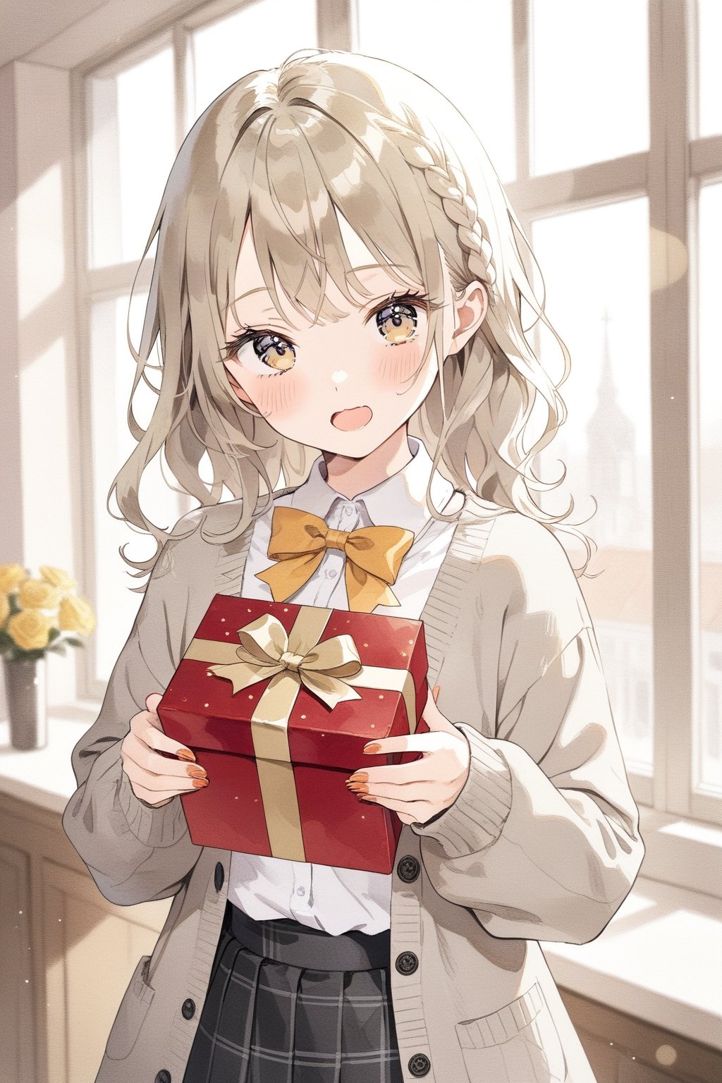 masterpiece, best quality, aesthetic, 1cat girl, solo, long hair, looking at viewer, blush, open mouth, bangs, shirt, long sleeves, bow, holding, hair between eyes, jacket, white shirt, upper body, braid, open clothes, puffy sleeves, collared shirt, indoors, virtual youtuber, bowtie, nail polish, blurry, window, dress shirt, blurry background, wavy mouth, cardigan, letterboxed, box, yellow bow, gift, puffy long sleeves, valentine, orange bow, grey jacket, gift box, holding gift, grey cardigan, Vintage school skirt,Retro,Soft daylight,Warm tones