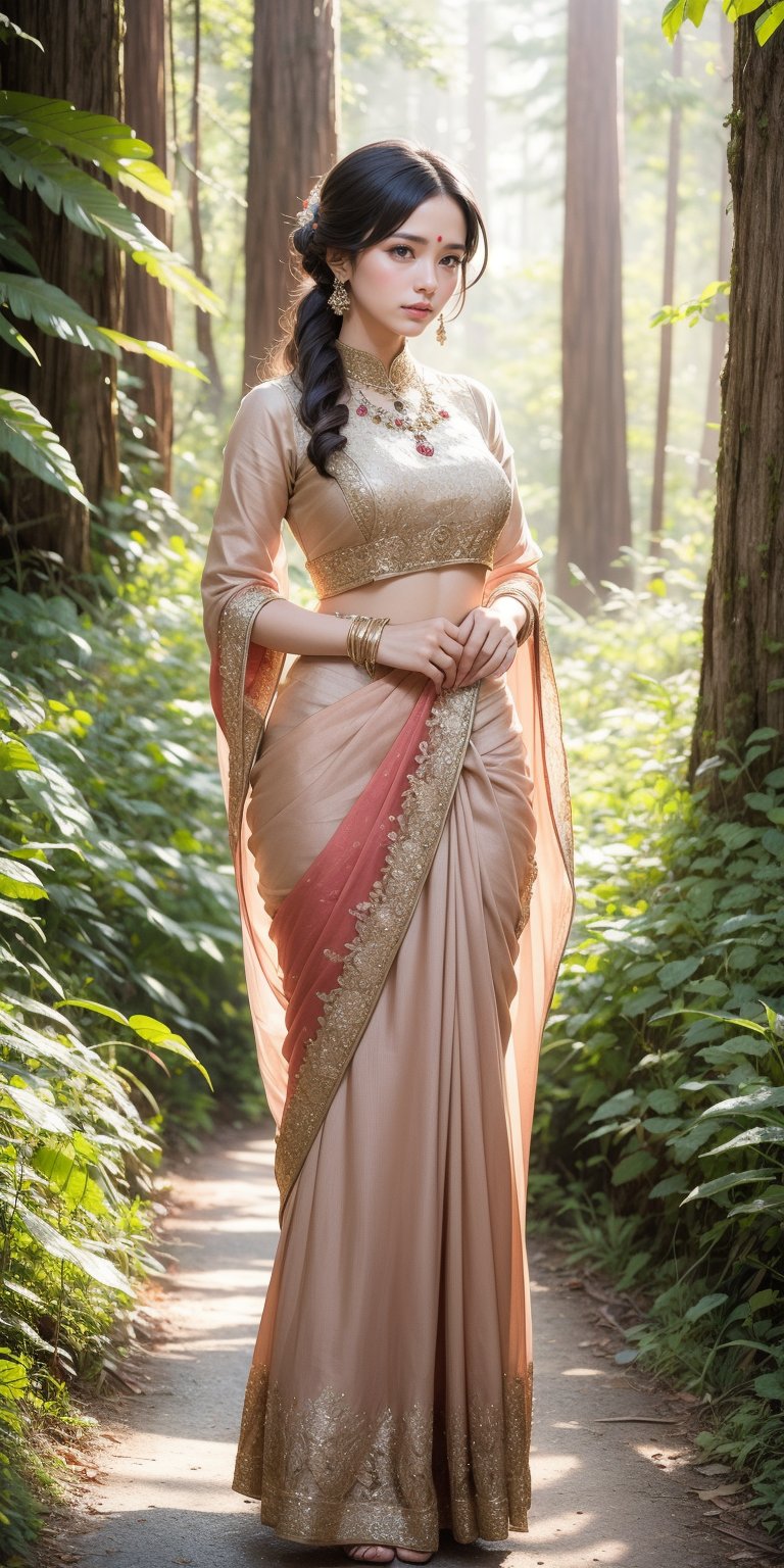 Craft an empowering portrait of an saree woman adorned with traditional jewelry. Picture her standing tall amidst a redwood forest, long hair, without hat, sunlight filtering through the towering trees and casting long shadows. Saree ,Highlight the strength and resilience of the woman and her connection to her cultural heritage.swet ,swet , ling hair
 
,bzyyzg \(manaka nemu\),victorian dress