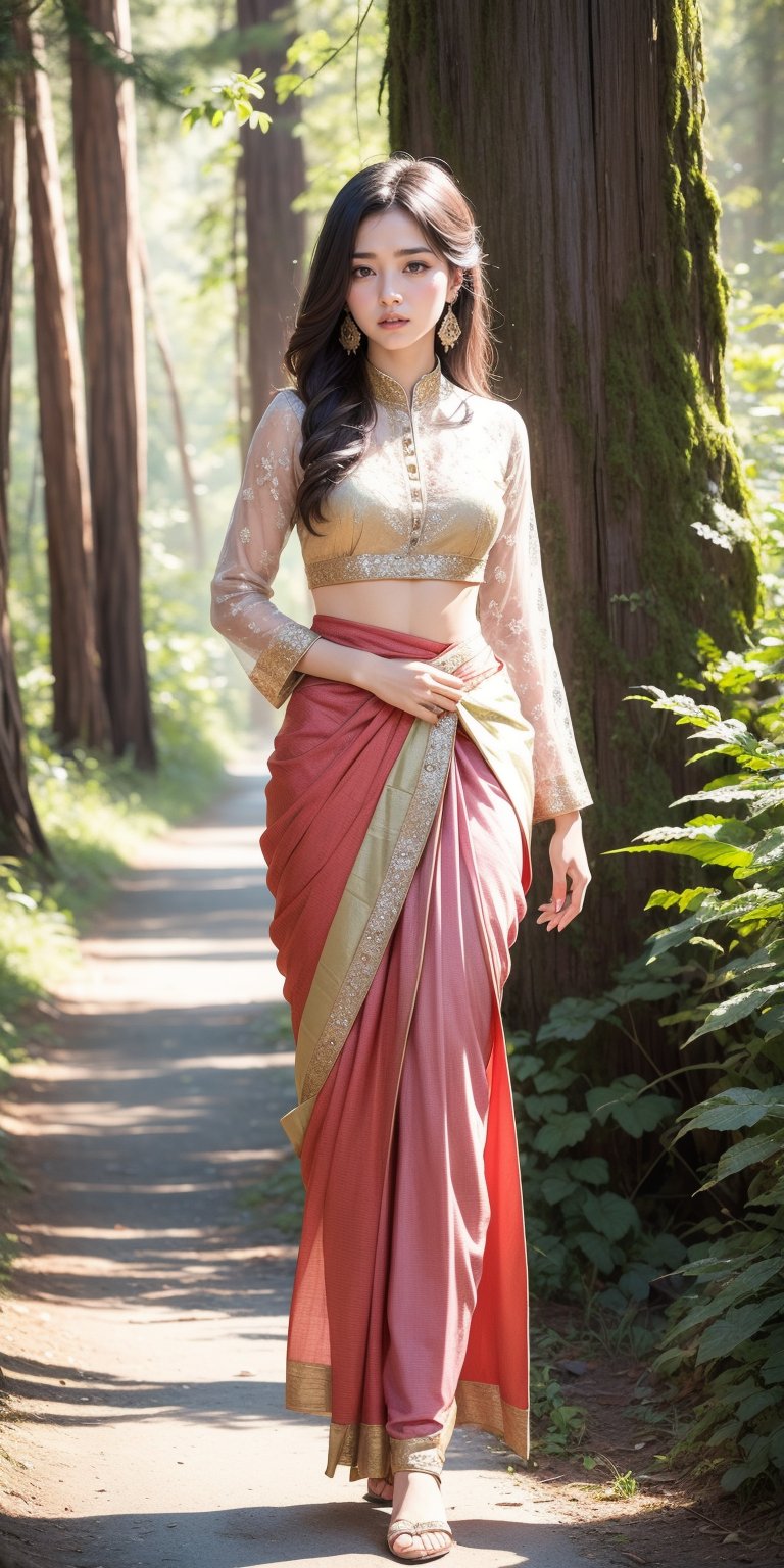 Craft an empowering portrait of an saree woman adorned with traditional jewelry. Picture her standing tall amidst a redwood forest, long hair, without hat, sunlight filtering through the towering trees and casting long shadows. Saree ,Highlight the strength and resilience of the woman and her connection to her cultural heritage.swet ,swet , ling hair
 
,bzyyzg \(manaka nemu\),victorian dress