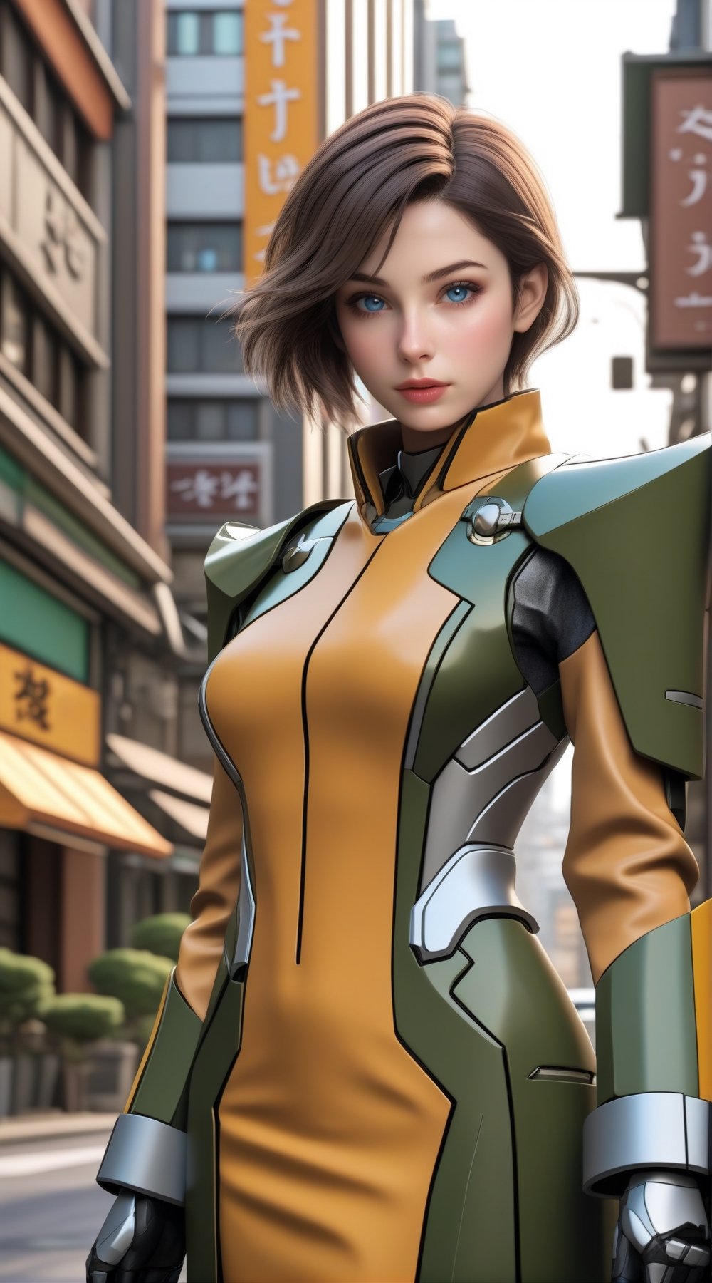 Highly detailed animation of a heroic 30 yo cyborg spy standing in the city street,kugisaki nobara,clear facial features,detailed exquisite face,model body,detailed shiny hair,(backdrop detailed complex city street,car,tree,persons,lamp post),BREAK,
trench coat open, tight blouse, short skirt, extremely huge extremely massive deep long symmetric isometric cleavage between Eextremely gigantic extremely massive, perfectly round spherical symmetric beachball breasts,BREAK,
(Rosewood,Mustard Yellow,Olive Green,Fluttering Peach color),(perfect hands:1.2),perfect body proportions,(highly detailed form-fitting mecha armor),(upperbody shot)
BREAK 
(anime vibes),rule of thirds,masterpiece,HDR,trending on artstation,sharp focus,high contrast,8K,Hyper-detailed,intricate details,cinematic lighting,art_booster,real_booster,photo_b00ster,disney pixar style