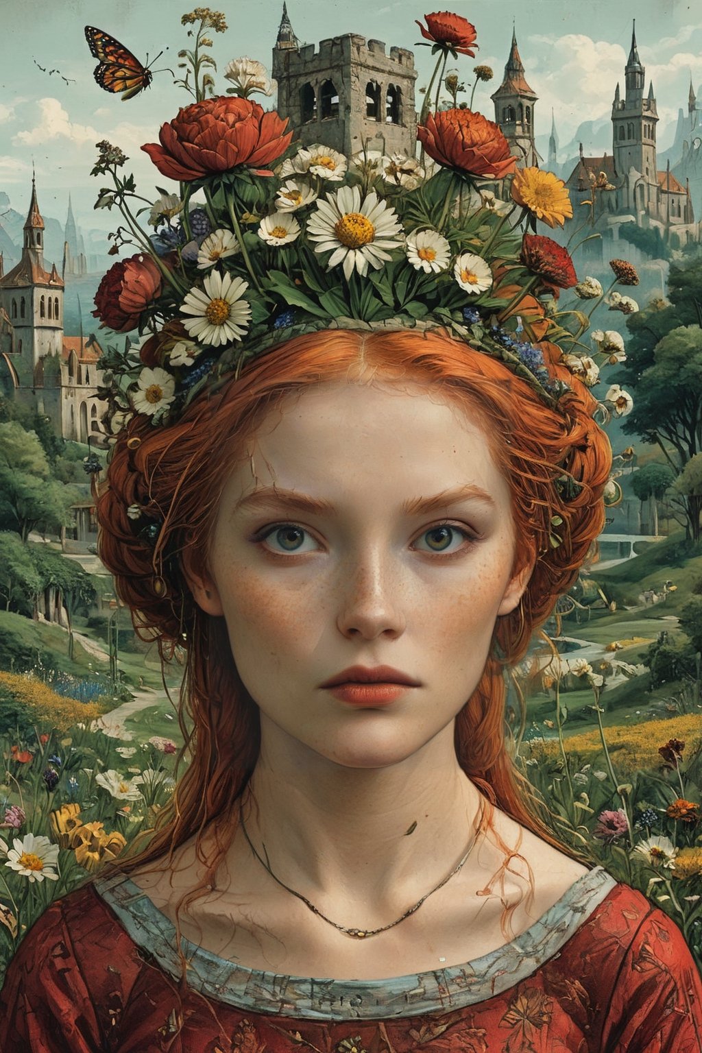 Highly detailed and hyper-realistic painting portrait of a red haired girl with a bouquet of wild flowers. BREAK (feathers have a reddish-brown tone:1.4). BREAK vaporwave aesthetics, (upper body shot:1.2), greenish Matrix visual tone, (dark atmosphere and dull colors:1.2), eye level, subway station at night in the background, BREAK muted colours, (extremely realistic and accurate:1.4), league of legends, BREAK muted colours, octane render, intricate, ultra-realistic, elegant, highly detailed, digital painting, artstation, concept art, smooth, sharp focus, illustration, (bizarre and eclectic:1.5), three-quarters view, sharp hard lines, brush strokes,ink panting, style by Anna Bocek, Charlie Bowater, ink, Leonardo Style, DonMn1ghtm4reXL,gbaywing,comic book