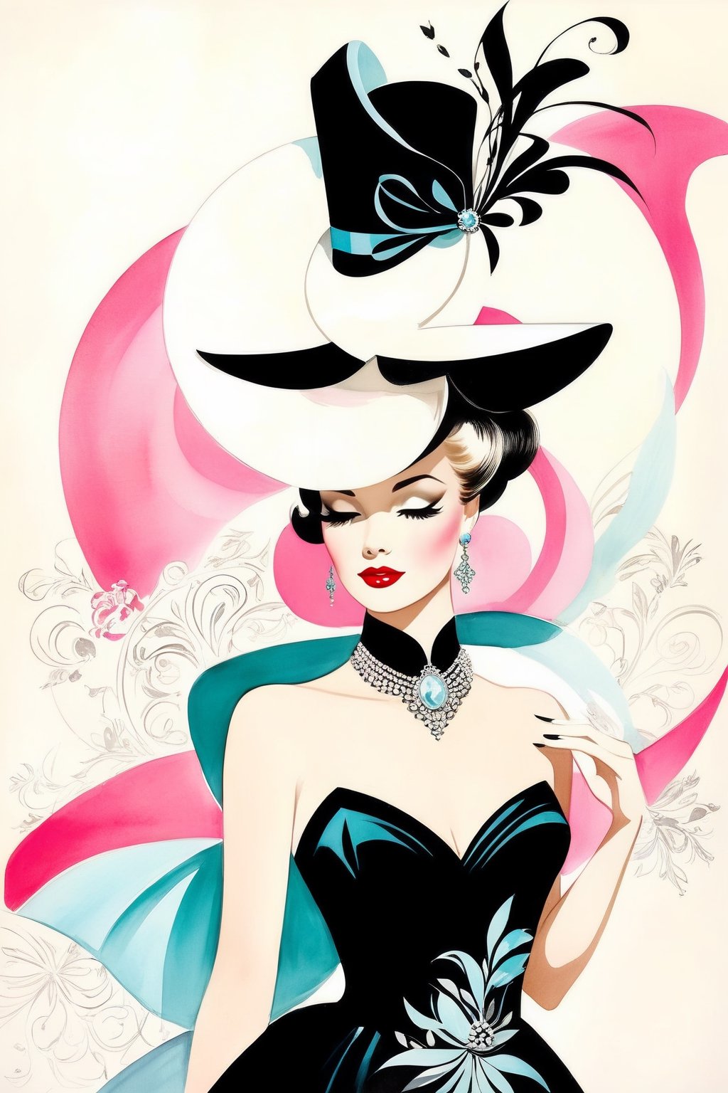 Old movie poster. Haute couture fashion illustration, gouache wash, ink, calligraphic lines, dainty, ornate. Delicate face, perfect face, world character design, vibrant colors, high-energy, detailed, iconic, minimalistic, concept art, in the style of  Kenneth Franklin, Alexa Todd, Jason Brooks, Soleil Ignacio, Megan Hess, Kerrie Hess, intricate detail, aesthetic portrait, cinematic moviemaker style,more detail XL, aw0k euphoric style,vintage_p_style, in the style of esao andrews,Masterpiece,secret,Fashion Illustration