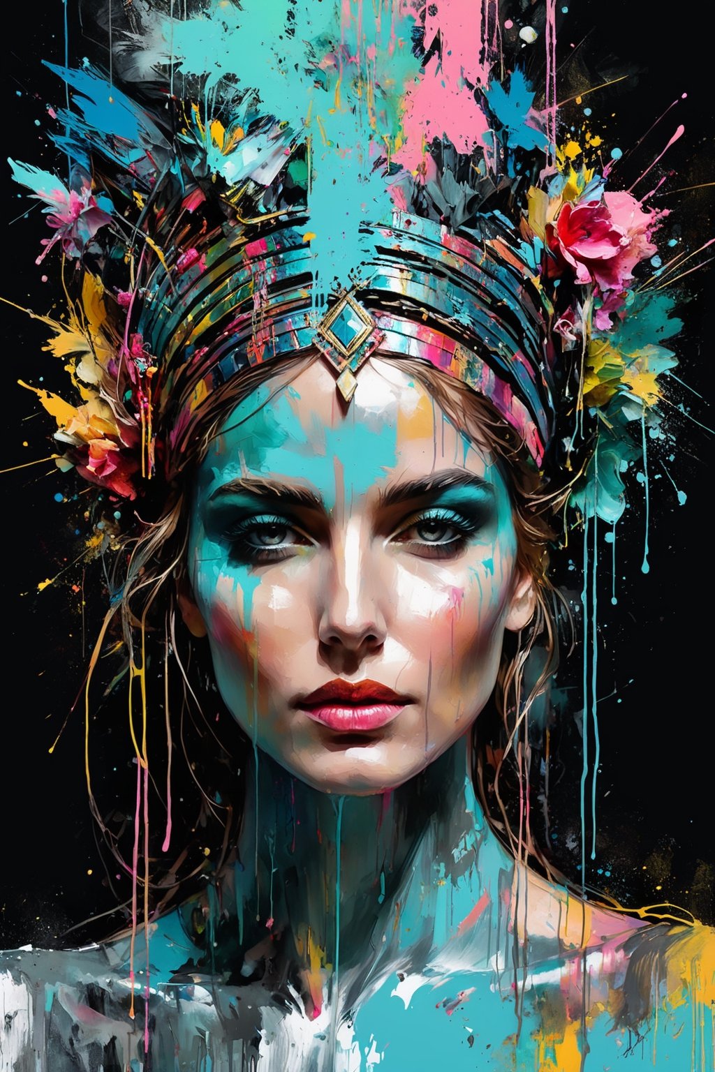 (Paint woman (Primer paint:1.5), Artstation trends, digital art, portrait, beautiful art, black background) abstract portrait of goddess female, grungy, abstract beauty Fantomas, acrylic paint, ultra detailed, pastel colours, show full face, pure form, minalmilistic, unfinished, concept art, by carne griffiths and wadim kashin, painting hyper-realistic, intricate detail 
