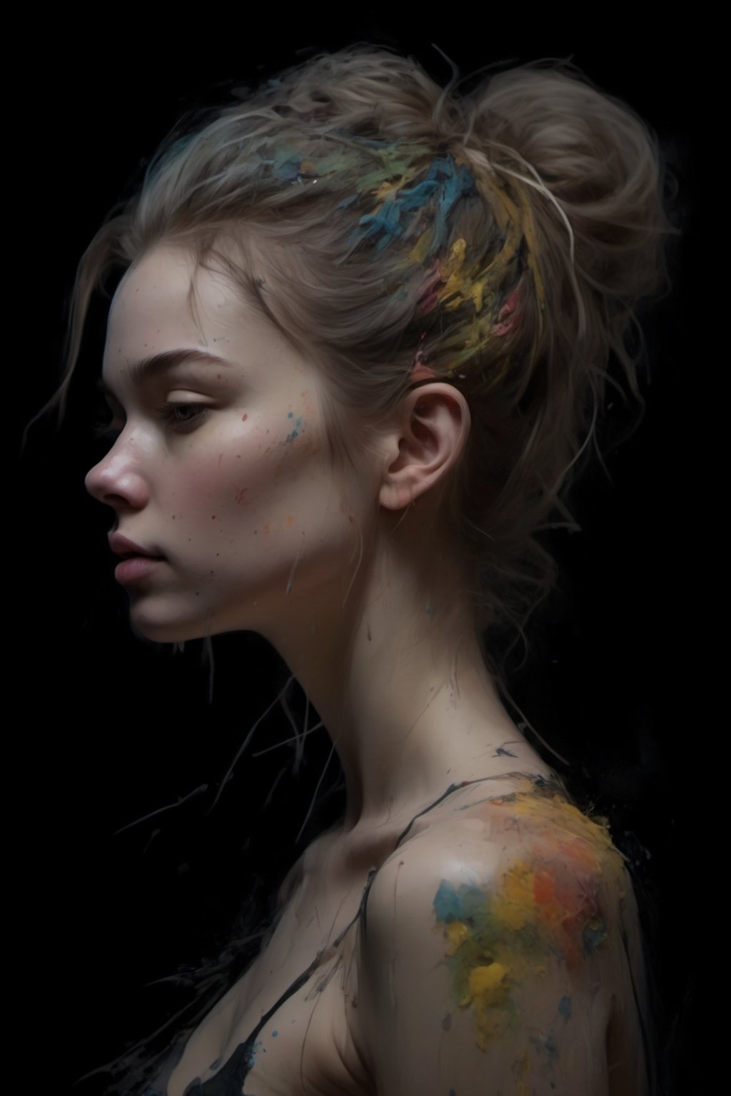 (Paint woman (Primer paint:1.5), Artstation trends, digital art, portrait, beautiful art, black background) paint of female, acrylic paint, ultra detailed, pastel colours, show full body, pure form, minalmilistic, unfinished, concept art, by carne griffiths and wadim kashin, painting hyper-realistic, intricate detail 
,PoP art