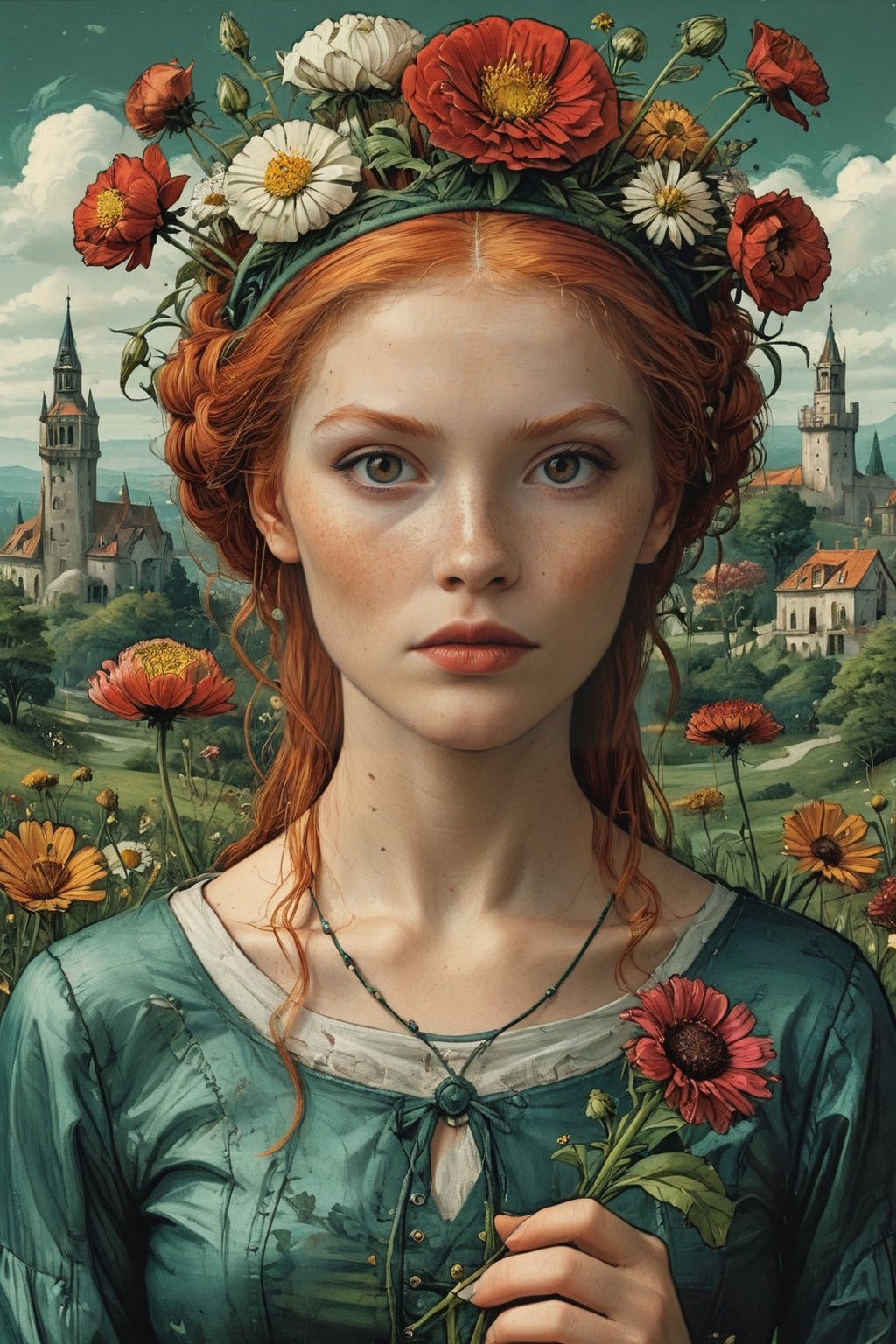 Highly detailed and hyper-realistic painting portrait of a red haired girl with a bouquet of wild flower. BREAK (feathers have a reddish-brown tone:1.4). BREAK vaporwave aesthetics, (upper body shot:1.2), greenish Matrix visual tone, (dark atmosphere and dull colors:1.2), eye level, subway station at night in the background, BREAK muted colours, (extremely realistic and accurate:1.4), league of legends, BREAK muted colours, octane render, intricate, ultra-realistic, elegant, highly detailed, digital painting, artstation, concept art, smooth, sharp focus, illustration, (bizarre and eclectic:1.5), three-quarters view, sharp hard lines, brush strokes,ink panting, style by Anna Bocek, Charlie Bowater, ink, Leonardo Style, DonMn1ghtm4reXL,gbaywing,comic book