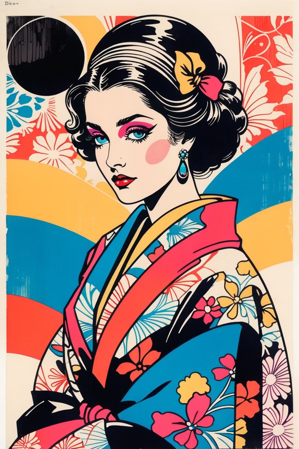 Vintage print design (on a white background:1.2), Silhouette drawing of a Dior italian woman model from the front, with colors ink pop art blackground, delicate, filigram, centered, intricate details, illustration style, Katsushika Hokusa Style, ink sketch, comic book