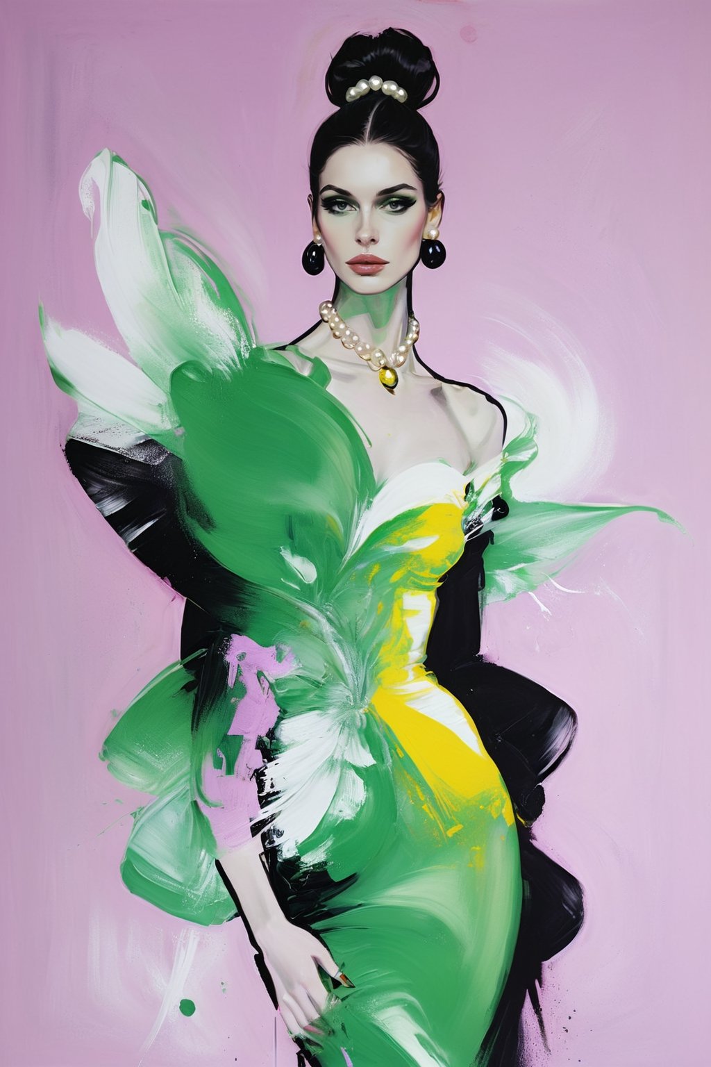 (fashion illustration:1.3) Haute couture, no particular features, of high fashion pearls, (extremely close up shot:1.3),  lilac, green, yellow, black, pink, violet || in the style of Izumi Kogahara and Stuart Weitzman ||, Saturated colors, tonal transitions, traces of a wide dry brush, oil paint, high-energy, detailed, iconic, minimalistic, concept art, intricate detail, calligraphic lines. World character design, high-energy, detailed, minimalistic, concept art, in style of Jason Brooks, Soleil Ignacio, Megan Hess, Kerrie Hess, more detail XL, aw0k euphoric style, vintage_p_style, Masterpiece, Fashion Illustration, style,retro ink, glide_fashion, monkren, aw0k euphoric style, PoP art,aesthetic portrait, more detail XL,oil painting,vapor_graphic