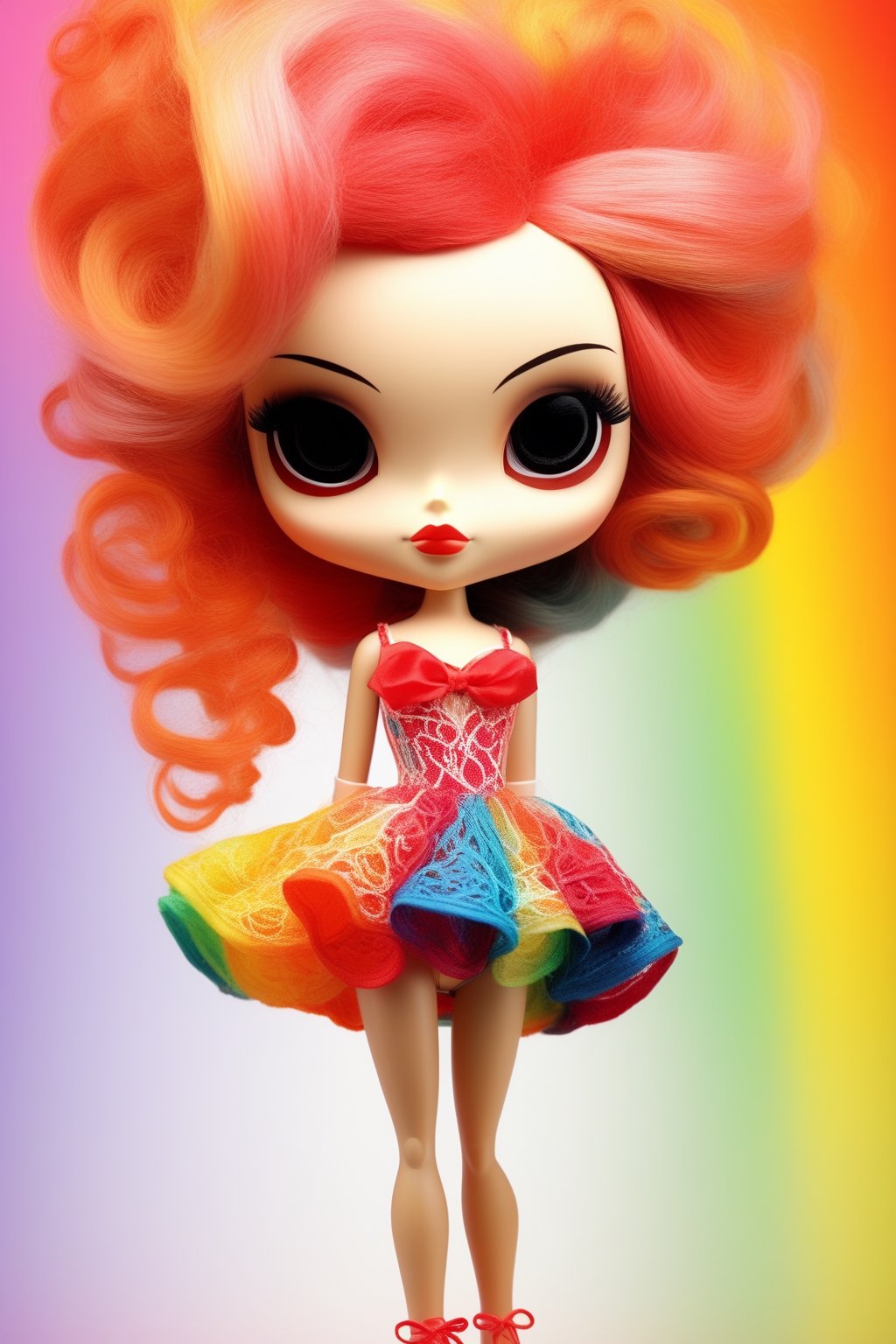 (realistic:1.3) Blythe doll, Haute couture, no particular features, of high fashion embroidery and lace swimwear, (long shot: 1.2) (frutiger style:1.3), (colorful:1.3), (2004 aesthetics:1.2).  swirls, heart \(symbol\), (gradient background:1.3) (dinamic pose: 1.3). Saturated colors, tonal transitions, detailed, minimalistic, concept art, intricate detail, World character design, high-energy, concept art, Masterpiece,iconic, PoP art,more detail XL, intricate colors blend, photorealism,leonardo,artint,sweetscape,ink 