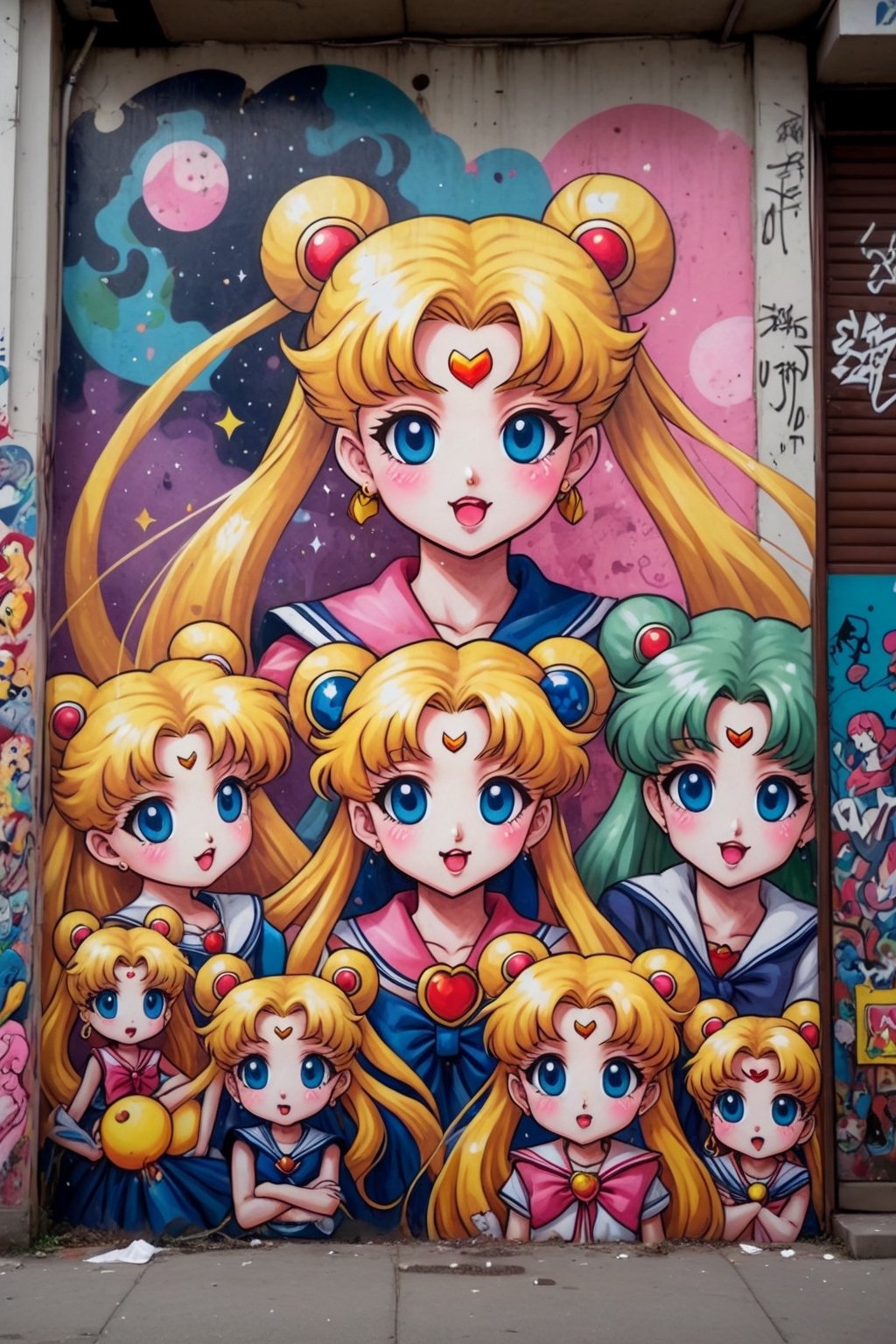 sailor moon, in the style of street art aesthetic, cute cartoonish designs, photo-realistic techniques, multicolored, childhood arcadias, anime aesthetic, cartoon-like figures