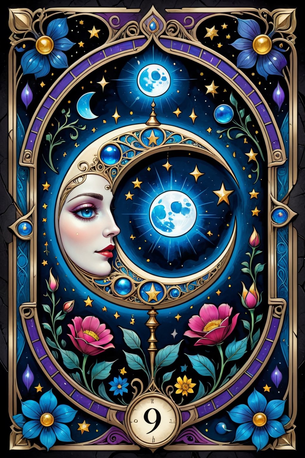 || Tarot card wit art deco frame, an ink drawing, a digital painting of The Moon, a bright rounded full moon with happy face over a starry blue sky, decorative flowers ||  pen and ink, liquid ink, best quality, double exposure, vintage triadic colors, realistic artstyle, stylized urban fantasy artwork, stunning digital illustration, stylized urban fantasy artwork, beautiful digital illustration, mysterious and detailed image, in the style of Craola, Dan Mumford, Andy Kehoe, 2d, flat, vintage, cracked paper art, patchwork, detailed storybook illustration, cinematic, ultra highly detailed, mystical, luminism, vibrant colors, complex background,tarot card,comic book,on parchment,aw0k straightsylum, pen and ink, liquid ink, best quality, double exposure, vintage triadic colors, (tarot card:1.2), realistic artstyle, stylized urban fantasy artwork, stunning digital illustration, stylized urban fantasy artwork, beautiful digital illustration, mysterious and detailed image, in the style of Craola, Dan Mumford, Andy Kehoe, 2d, flat, vintage, cracked paper art, patchwork, detailed storybook illustration, cinematic, ultra highly detailed, mystical, luminism, vibrant colors, complex background,tarot card,comic book,on parchment