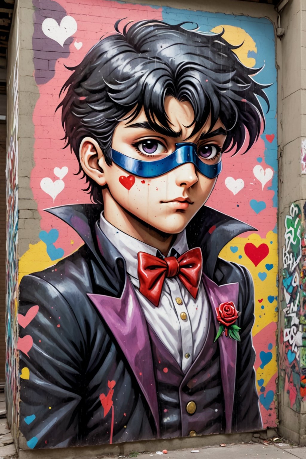 tuxedo mask, in the style of street art aesthetic, cute cartoonish designs, photo-realistic techniques, multicolored, childhood arcadias, anime aesthetic, cartoon-like figures