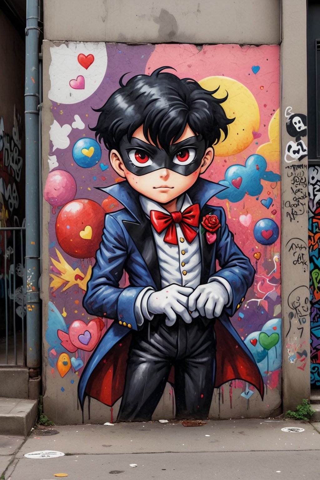 tuxedo mask, in the style of street art aesthetic, cute cartoonish designs, photo-realistic techniques, multicolored, childhood arcadias, anime aesthetic, cartoon-like figures