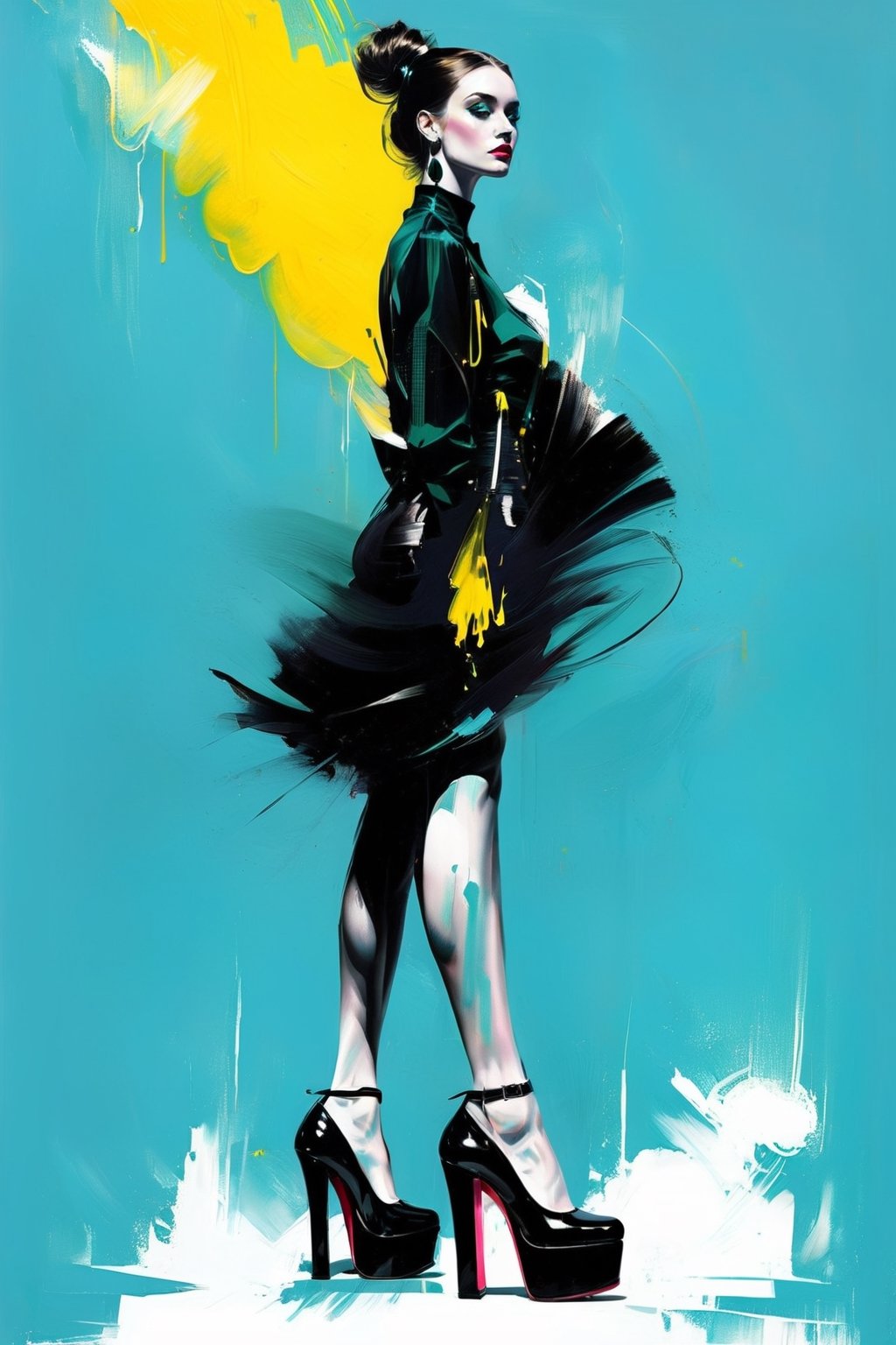 (fashion illustration:1.3) Haute couture, no particular features, of high fashion high heel shoe, (extremely close up shot:1.3),  light blue, green, yellow, black, pink, || in the style of Izumi Kogahara and Stuart Weitzman ||, Saturated colors, tonal transitions, traces of a wide dry brush, oil paint, high-energy, detailed, iconic, minimalistic, concept art, intricate detail, calligraphic lines. World character design, high-energy, detailed, minimalistic, concept art, in style of Jason Brooks, Soleil Ignacio, Megan Hess, Kerrie Hess, more detail XL, aw0k euphoric style, vintage_p_style, Masterpiece, Fashion Illustration, style,retro ink, glide_fashion, monkren, aw0k euphoric style, PoP art,aesthetic portrait, more detail XL,oil painting,vapor_graphic