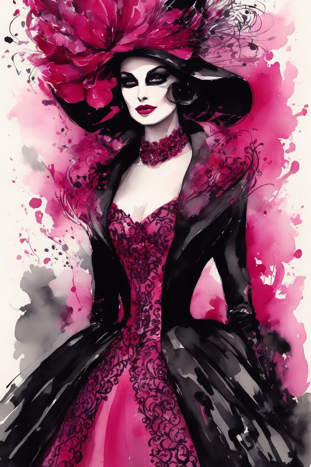 Haute couture fashion illustration with no face, gouache wash, ink, calligraphic lines, dainty, ornate. world character design, vibrant colors, high-energy, detailed, iconic, minimalistic, concept art, in the style of  Kenneth Franklin, Alexa Todd, Jason Brooks, Soleil Ignacio, Megan Hess, Kerrie Hess, intricate detail, aesthetic portrait, cinematic moviemaker style,more detail XL, aw0k euphoric style,vintage_p_style, in the style of esao andrews,Masterpiece,secret,Fashion Illustration,style,smoke,retro ink,ink smoke,Lady Dior Bag,wearing fashion thong underwear