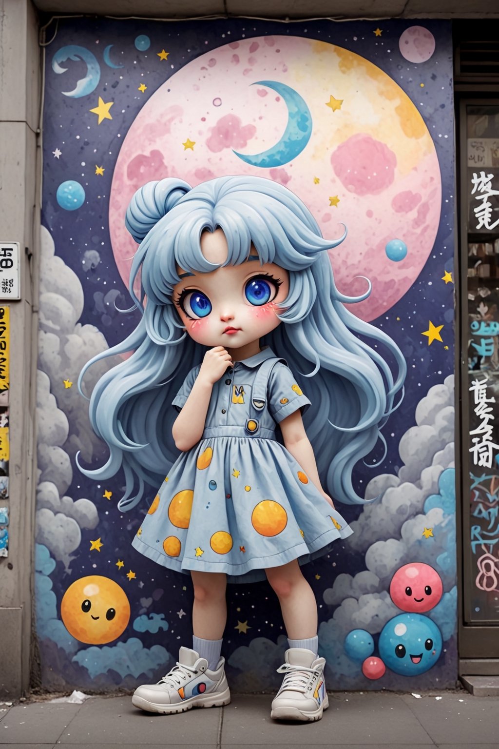 luna moon, in the style of street art aesthetic, cute cartoonish designs, photo-realistic techniques, multicolored, childhood arcadias, anime aesthetic, cartoon-like figures