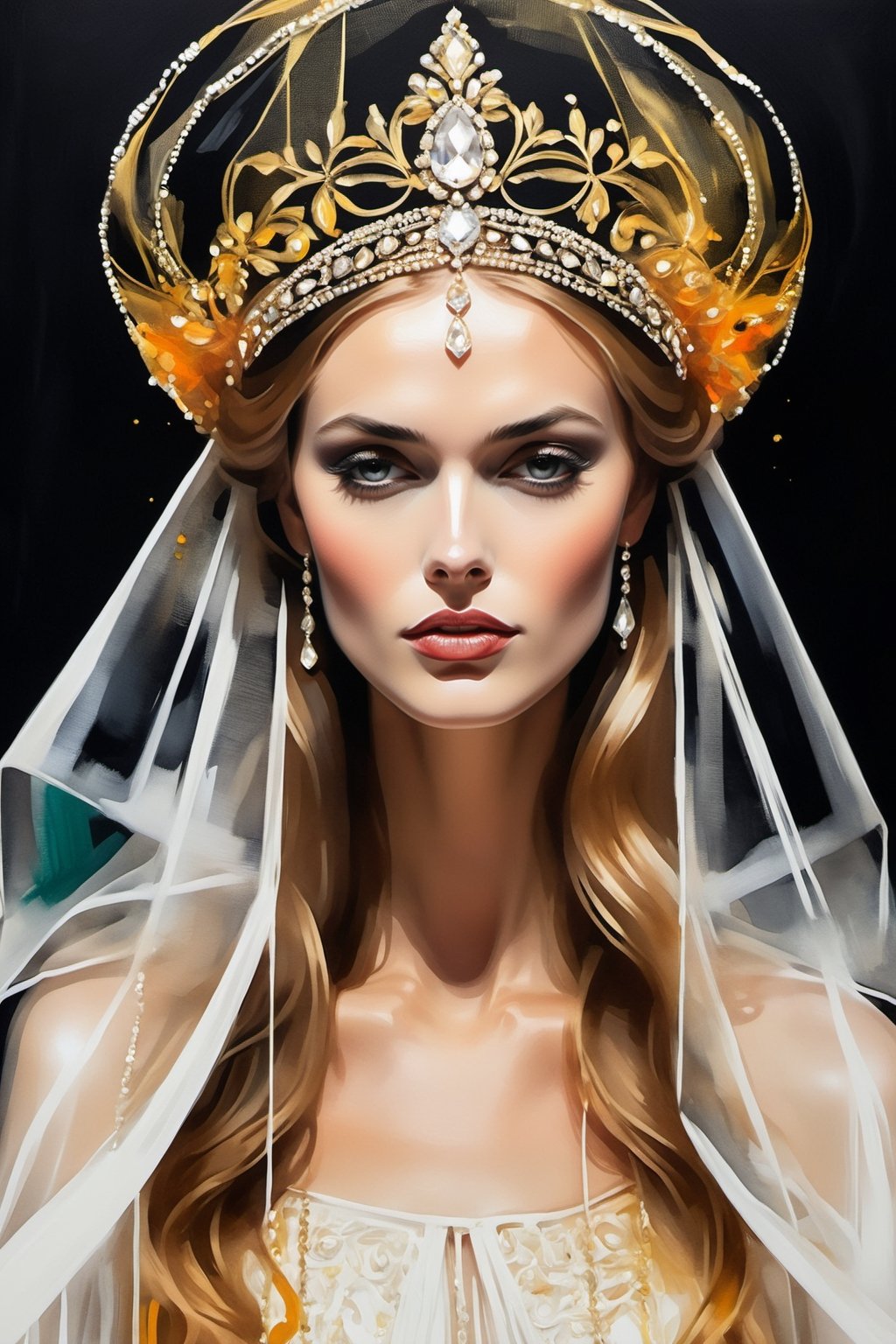 Haute couture fashion illustration, extreme close up shot, of high fashion veil with tiara, uncluttered maximalism details  || in the style of Jason Brooks, || readheaded, Saturated colors, tonal transitions, traces of a wide dry brush, oil paint, tonal transitions, high-energy, detailed, iconic, minimalistic, concept art, intricate detail, calligraphic lines. pastel drawing, illustrative art, soft lighting, detailed, more Flowing rhythm, elegant, low contrast, add soft blur with thin line, World character design, high-energy, detailed, minimalistic, concept art, in style of Soleil Ignacio, Megan Hess, Kerrie Hess, more detail XL, aw0k euphoric style, vintage_p_style, Masterpiece, Fashion Illustration, style,retro ink, glide_fashion, monkren, aw0k euphoric style, more detail XL,oil painting,vapor_graphic, intricate detail, aesthetic portrait, more detail XL, aw0k euphoric style,comic book,style of Edvard Munch,oilpainting,artistic oil painting stick,eldmeisterOG,oil paint,fflixmj6