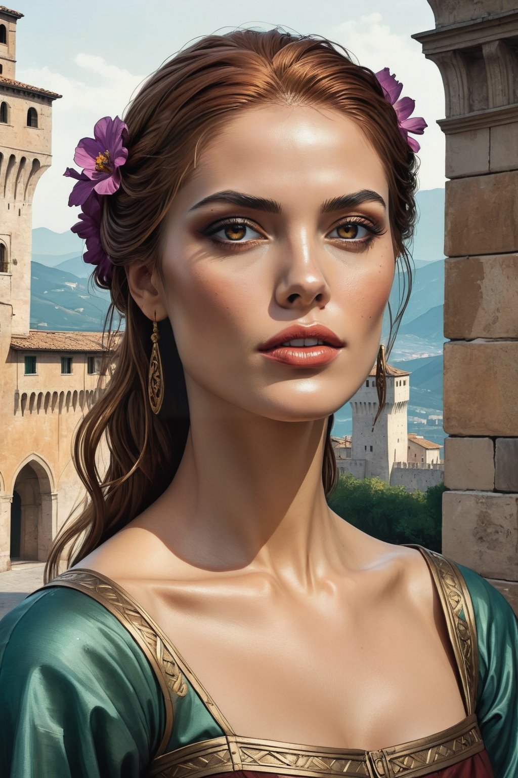 Highly detailed and hyper-realistic painting portrait of a italian 14th century casttle with wild flower. BREAK (feathers have a reddish-brown tone:1.4). BREAK vaporwave aesthetics, (upper body shot:1.2), greenish Matrix visual tone, (dark atmosphere and dull colors:1.2), eye level, subway station at night in the background, BREAK muted colours, (extremely realistic and accurate:1.4), league of legends, BREAK muted colours, octane render, intricate, ultra-realistic, elegant, highly detailed, digital painting, artstation, concept art, smooth, sharp focus, illustration, (bizarre and eclectic:1.5), three-quarters view, sharp hard lines, brush strokes,ink panting, style by Anna Bocek, Charlie Bowater, ink, Leonardo Style, DonMn1ghtm4reXL,gbaywing,comic book,itacstl