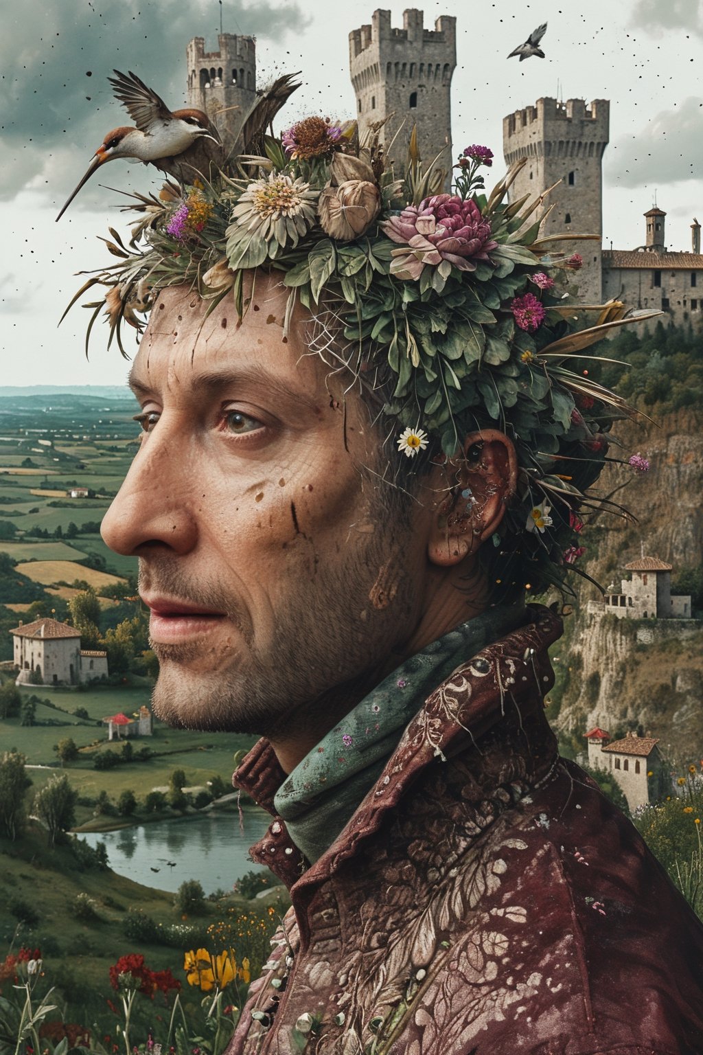 Highly detailed and hyper-realistic painting portrait of a italian 14th century casttle with wild flower. BREAK (feathers have a reddish-brown tone:1.4). BREAK vaporwave aesthetics, (upper body shot:1.2), greenish Matrix visual tone, (dark atmosphere and dull colors:1.2), eye level, subway station at night in the background, BREAK muted colours, (extremely realistic and accurate:1.4), league of legends, BREAK muted colours, octane render, intricate, ultra-realistic, elegant, highly detailed, digital painting, artstation, concept art, smooth, sharp focus, illustration, (bizarre and eclectic:1.5), three-quarters view, sharp hard lines, brush strokes,ink panting, style by Anna Bocek, Charlie Bowater, ink, Leonardo Style, DonMn1ghtm4reXL,gbaywing,comic book,itacstl