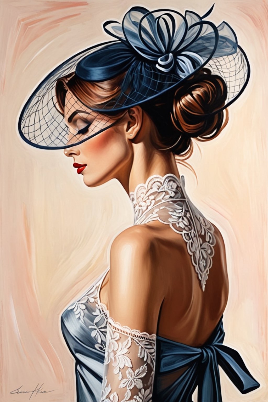 Haute couture fashion illustration, of high fashion of fascinator with a lace veil, dinamic pose (extremely close up back shot:1.3), || in the style of Jason Brooks, ||, tonal transitions, high-energy, traces of a wide dry brush, oil paint, detailed, iconic, minimalistic, concept art, intricate detail, pastel drawing, illustrative art, soft lighting, detailed, more Flowing rhythm, elegant,add soft blur with thin line, high-energy, detailed, minimalistic, concept art, in style of Soleil Ignacio, Megan Hess, Kerrie Hess, more detail XL, aw0k euphoric style, vintage_p_style, Masterpiece, Fashion Illustration, style,retro ink, glide_fashion, monkren, aw0k euphoric style, more detail XL,oil painting,vapor_graphic, intricate detail, aesthetic portrait, more detail XL,comic book,style of Edvard Munch,Edvard Munch style, Edvard Munch art,Edvard Munch