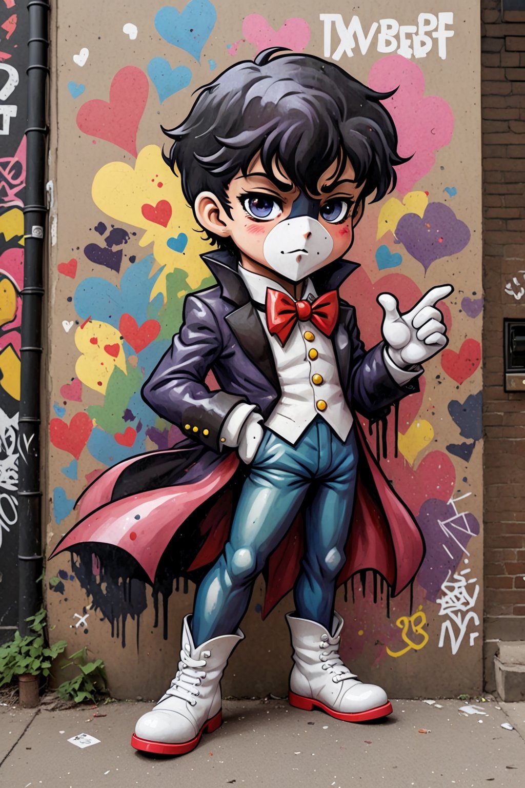 tuxedo mask, in the style of street art aesthetic, cute cartoonish designs, photo-realistic techniques, multicolored, childhood arcadias, anime aesthetic, cartoon-like figures