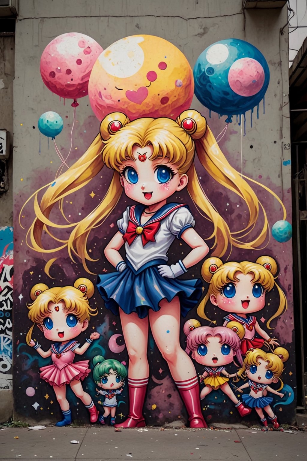 sailor moon, in the style of street art aesthetic, cute cartoonish designs, photo-realistic techniques, multicolored, childhood arcadias, anime aesthetic, cartoon-like figures