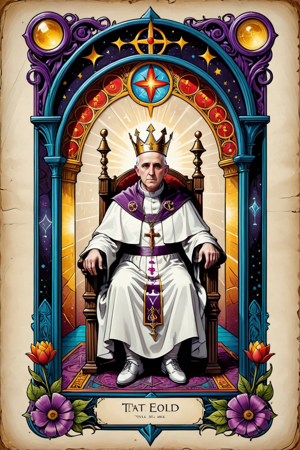 || Tarot card wit art deco frame, an ink drawing, a digital painting of the Priest - the pope, with crown and staff sitting on his throne with two monks looking up to him -, decorative flowers ||  pen and ink, liquid ink, best quality, double exposure, vintage triadic colors, realistic artstyle, stylized urban fantasy artwork, stunning digital illustration, stylized urban fantasy artwork, beautiful digital illustration, mysterious and detailed image, in the style of Craola, Dan Mumford, Andy Kehoe, 2d, flat, vintage, cracked paper art, patchwork, detailed storybook illustration, cinematic, ultra highly detailed, mystical, luminism, vibrant colors, complex background,tarot card,comic book,on parchment,aw0k straightsylum, pen and ink, liquid ink, best quality, double exposure, vintage triadic colors, (tarot card:1.2), realistic artstyle, stylized urban fantasy artwork, stunning digital illustration, stylized urban fantasy artwork, beautiful digital illustration, mysterious and detailed image, in the style of Craola, Dan Mumford, Andy Kehoe, 2d, flat, vintage, cracked paper art, patchwork, detailed storybook illustration, cinematic, ultra highly detailed, mystical, luminism, vibrant colors, complex background,tarot card,comic book,on parchment