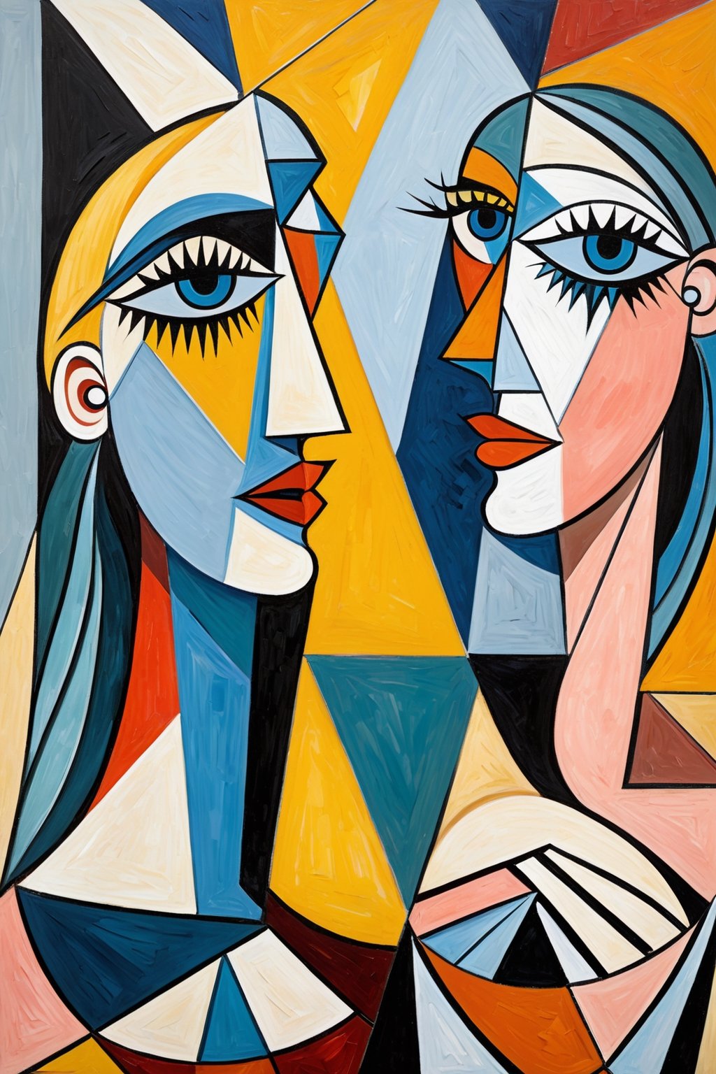 close shot, || paiting of juxtaposed geometric shapes, with strokes of color that draws the image of Les Demoiselles d'Avignon ||, sharp deffinition, Cubist artwork, artistic oil painting stick, in the style of (Pablo Picasso:1.2), (Xul Solar:1.2), Georges Braque, Juan Gris, Cubist artwork ,art_booster,colorful,abstract paintings