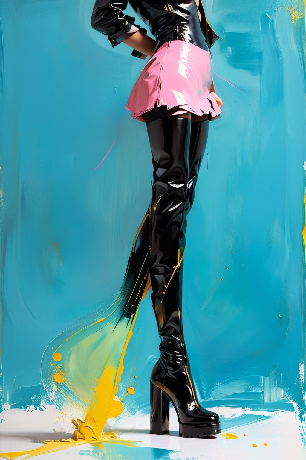 (fashion illustration:1.3) Haute couture, no particular features, of high fashion boot, (extremely close up shot:1.3),  light blue, green, yellow, black, pink, || in the style of Izumi Kogahara and Stuart Weitzman ||, Saturated colors, tonal transitions, traces of a wide dry brush, oil paint, high-energy, detailed, iconic, minimalistic, concept art, intricate detail, calligraphic lines. World character design, high-energy, detailed, minimalistic, concept art, in style of Jason Brooks, Soleil Ignacio, Megan Hess, Kerrie Hess, more detail XL, aw0k euphoric style, vintage_p_style, Masterpiece, Fashion Illustration, style,retro ink, glide_fashion, monkren, aw0k euphoric style, PoP art,aesthetic portrait, more detail XL,oil painting,vapor_graphic