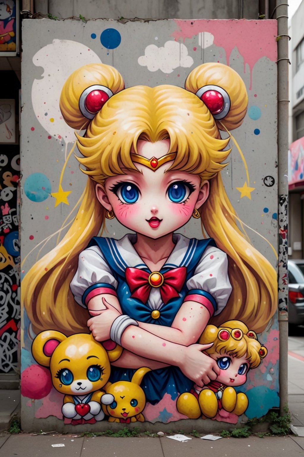 sailor moon, in the style of street art aesthetic, cute cartoonish designs, photo-realistic techniques, multicolored, childhood arcadias, anime aesthetic, cartoon-like figures