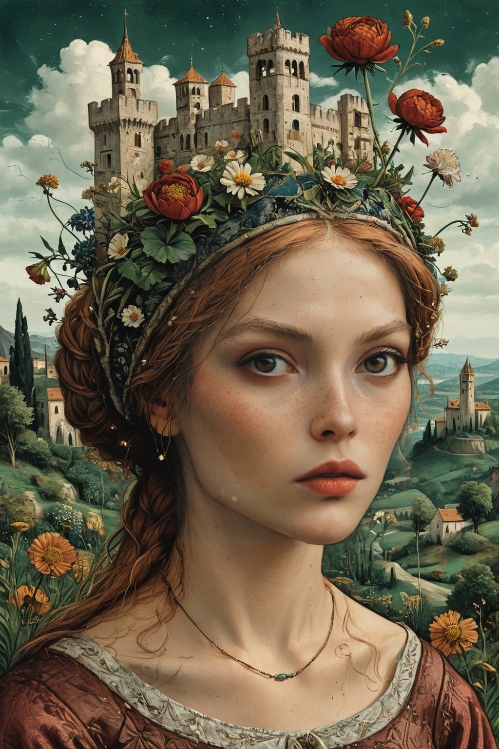 Highly detailed and hyper-realistic painting portrait of a italian 14th century casttle with wild flower. BREAK (feathers have a reddish-brown tone:1.4). BREAK vaporwave aesthetics, (upper body shot:1.2), greenish Matrix visual tone, (dark atmosphere and dull colors:1.2), eye level, subway station at night in the background, BREAK muted colours, (extremely realistic and accurate:1.4), league of legends, BREAK muted colours, octane render, intricate, ultra-realistic, elegant, highly detailed, digital painting, artstation, concept art, smooth, sharp focus, illustration, (bizarre and eclectic:1.5), three-quarters view, sharp hard lines, brush strokes,ink panting, style by Anna Bocek, Charlie Bowater, ink, Leonardo Style, DonMn1ghtm4reXL,gbaywing,comic book,itacstl