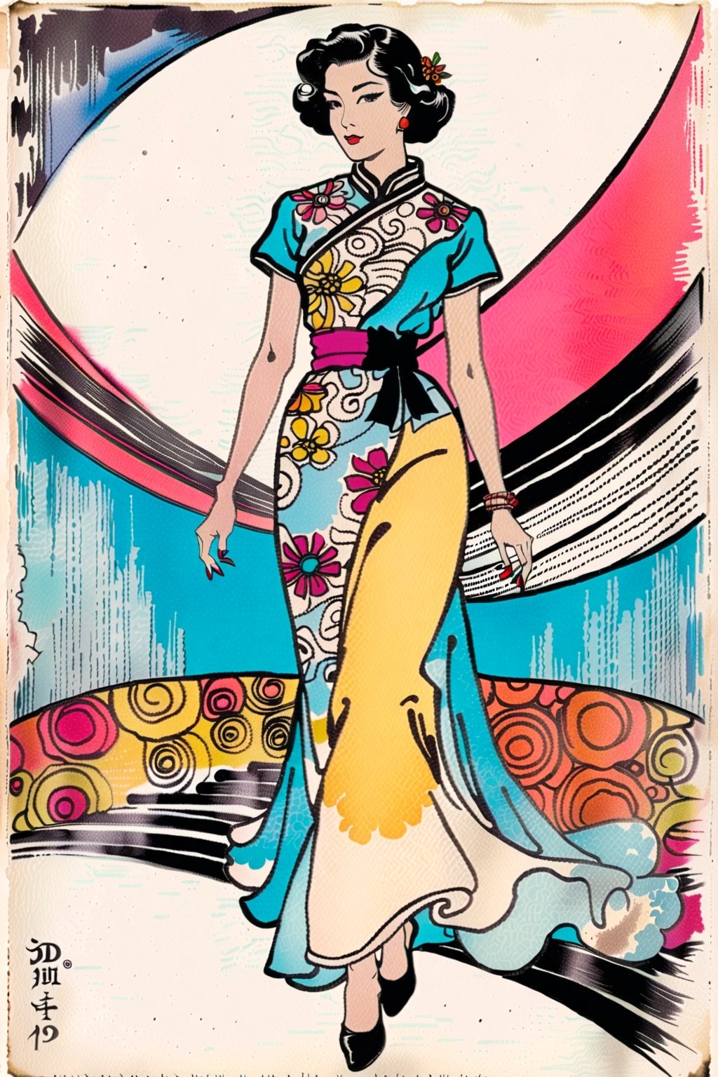 Vintage tshirt print design (on a white background:1.2), Retro Silhouette drawing of a Dior italian woman model from the front on the catwalk, with colors ink pop art blackground, delicate, filigram, centered, intricate details, illustration style, Katsushika Hokusa Style, ink sketch, comic book