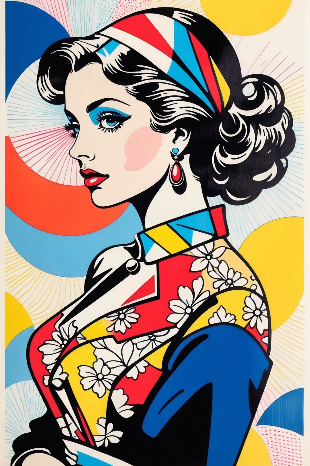 Vintage print design (on a white background:1.2), Silhouette drawing of a Dior italian woman model from the front, with colors ink pop art blackground, delicate, filigram, centered, intricate details, illustration style, Roy Lichtenstein Style, ink sketch, comic book