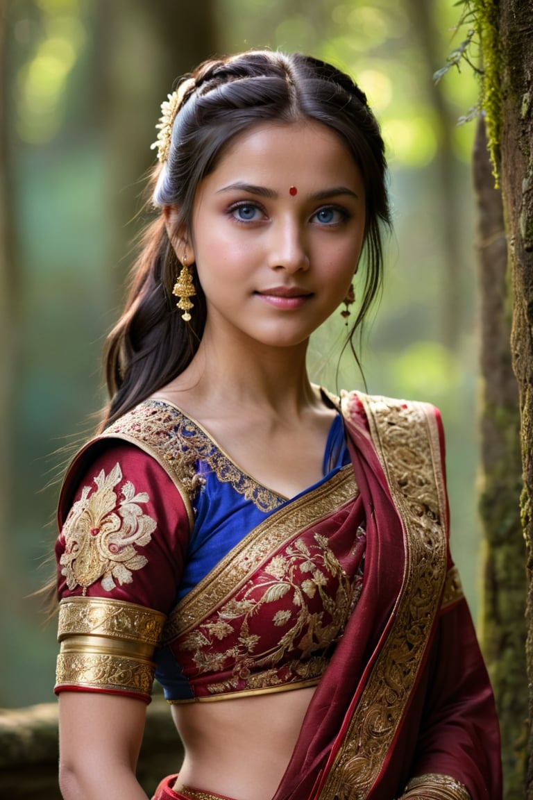 vibrant colors, girl, masterpiece, sharp focus, best quality, depth of field, cinematic lighting, dark hair, blue eyes, smile, dreamy look, outdoors, intricate royal saree (dark red chest armor and ornate intricate gold embroidery) , long hair tied in a side ponytail, twilight, from the wall of an Asian palace, forest, moss, trees,