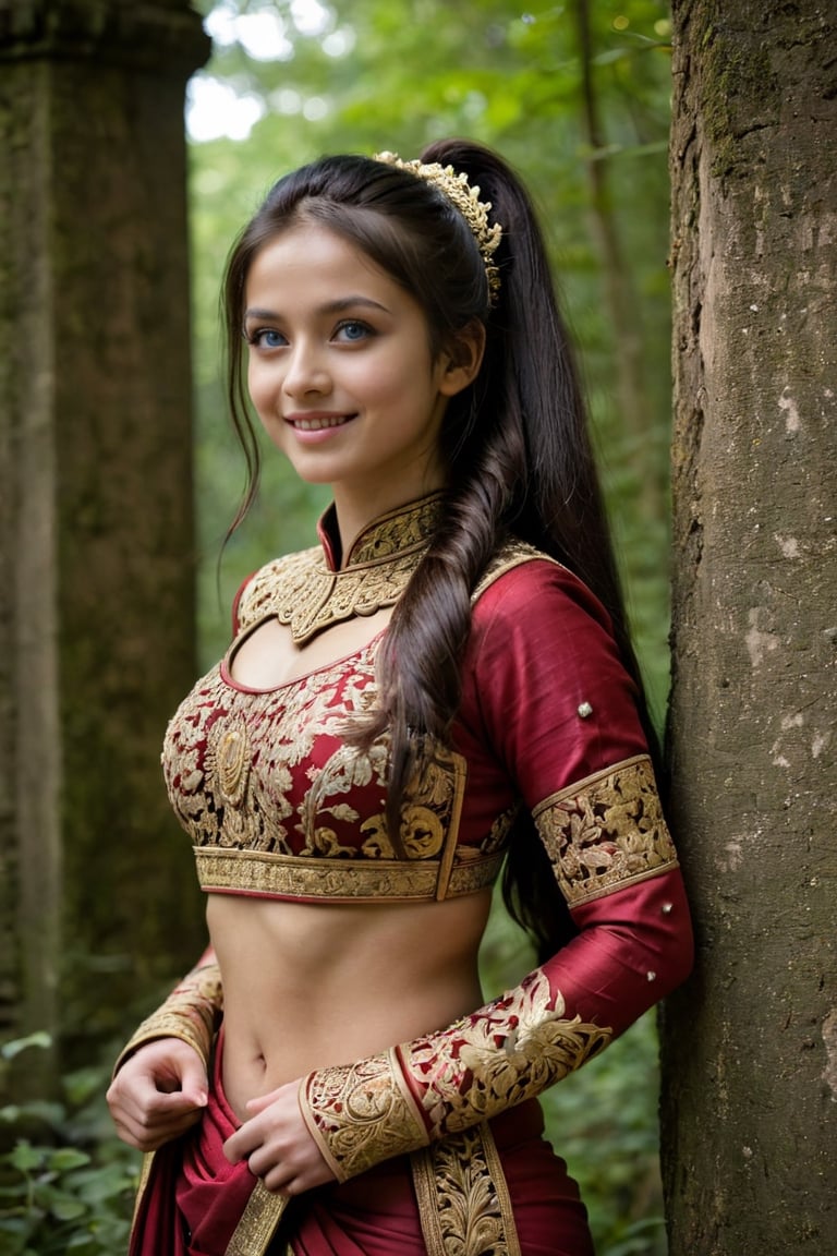 vibrant colors, girl, masterpiece, sharp focus, best quality, depth of field, cinematic lighting, dark hair, blue eyes, smile, dreamy look, outdoors, intricate royal saree (dark red chest armor and ornate intricate gold embroidery) , long hair tied in a side ponytail, twilight, from the wall of an Asian palace, forest, moss, trees,