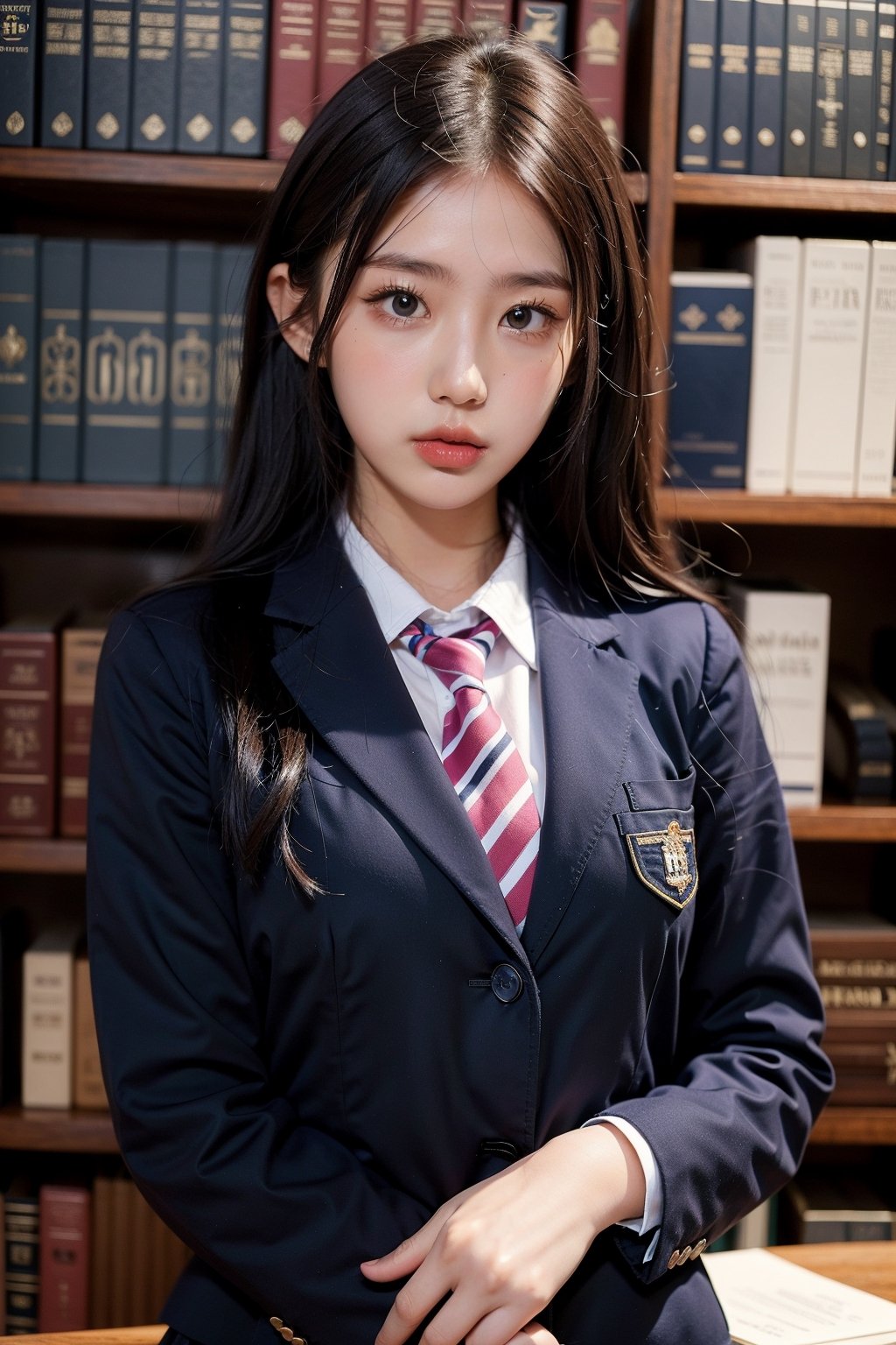 Cool leaning pout school uniform in library
