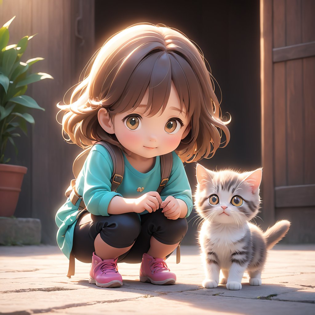 The little girl squatted down and looked at a little kitten. When their eyes met, they both showed a satisfied expression.