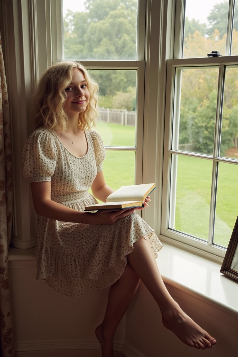 Emma Myers(emmamyers), curly blonde hair, sitting on large window sill of large bay window, reading a book, one leg bent, barefoot, looking up at viewer