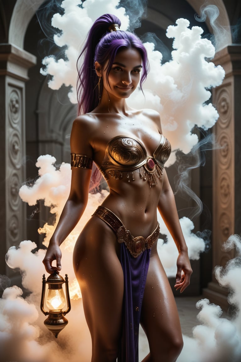 rating_questionable, score_9, score_8_up, score_7_up, masterpiece, best quality, ultra-detailed, ultra high res, photorealistic, realistic, realistic lighting, RAW photo, beautiful sexy female genie of the lamp, smile, detailed face, high ponytail, purple hair, tan skin, gold eyes, sexy legs, glistening skin, sweat, (surrounded by smoke), (fantasy aesthetic, detailed background:1.15), dynamic pose,FuturEvoLabVFX, wide_shot